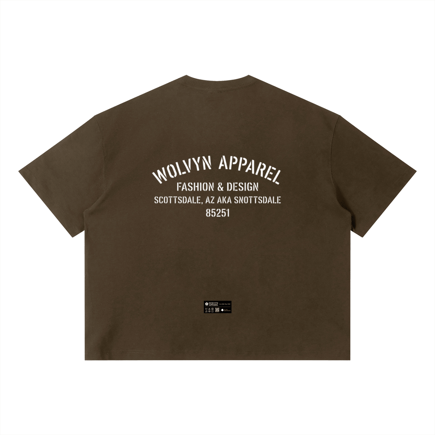 Back view of a brown unisex boxy t-shirt with bold white text and streetwear graphic print.