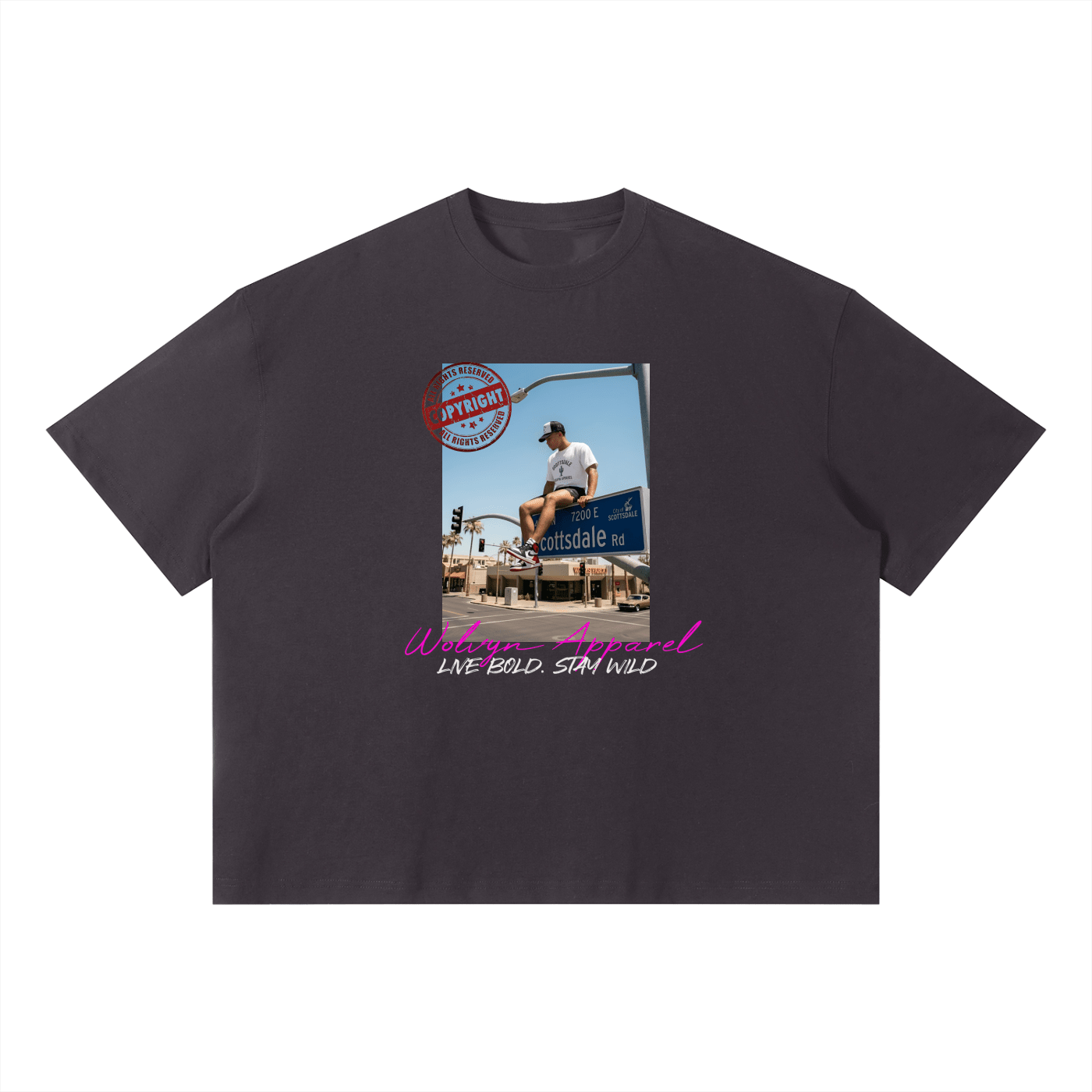 Unisex black boxy streetwear t-shirt featuring urban Scottsdale road sign and bold graphic text.