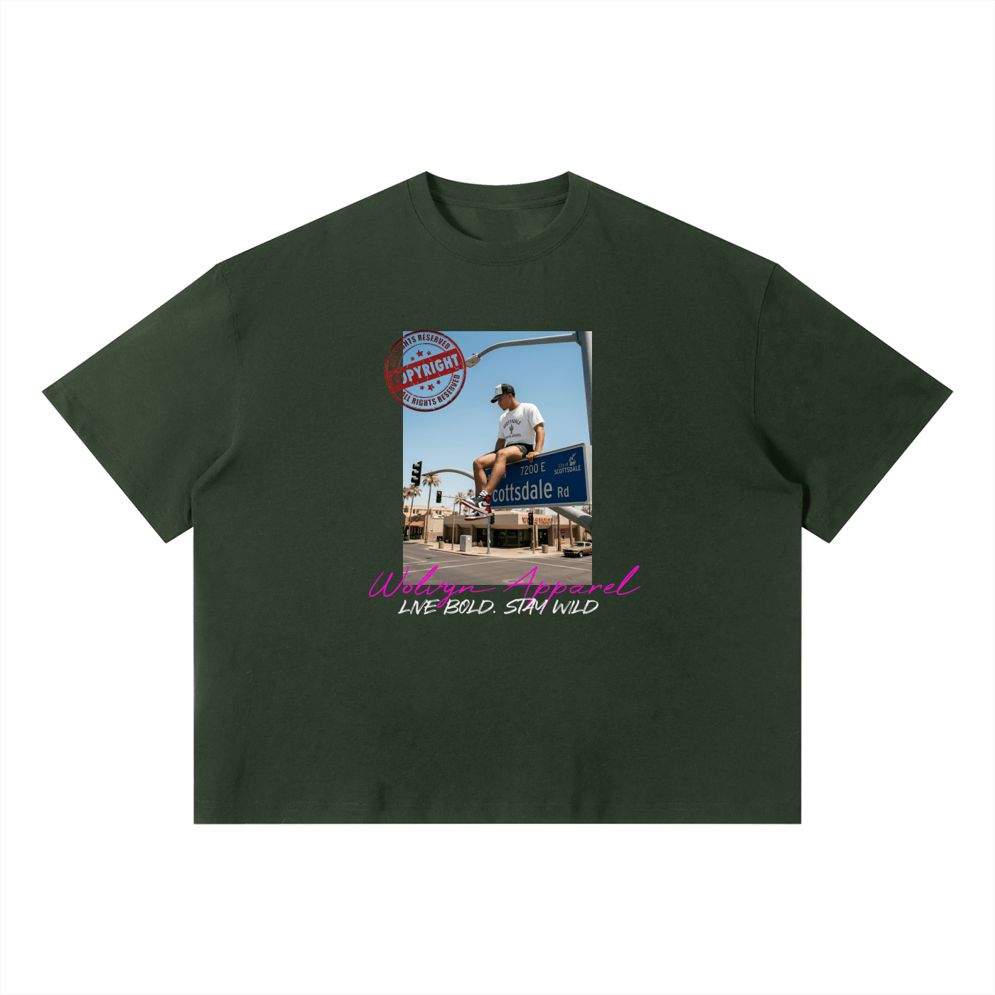 Unisex dark green boxy t-shirt with bold streetwear graphic and Scottsdale Rd sign print.
