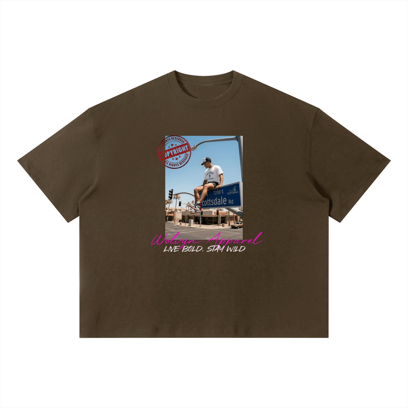 Unisex brown boxy streetwear t-shirt with bold urban graphic and Scottsdale Rd print