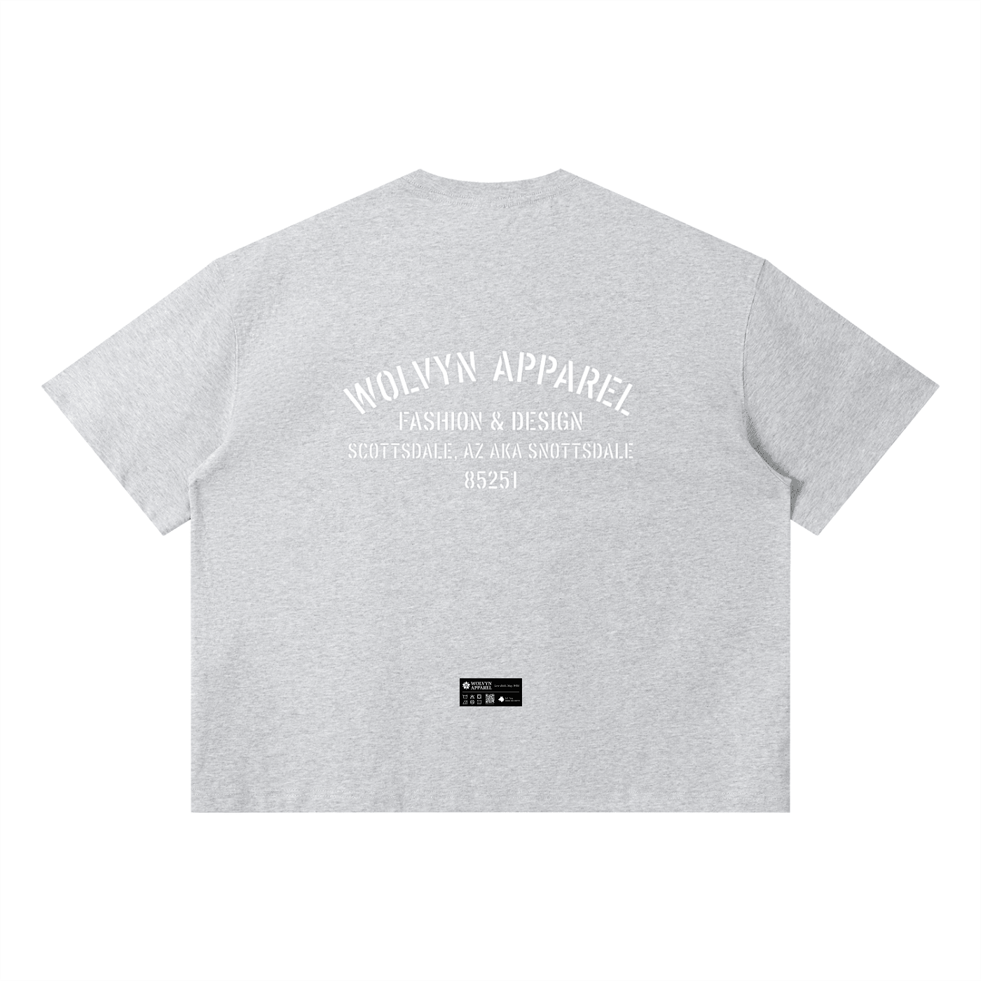 Light gray unisex boxy streetwear t-shirt with white text print on back and small label near hem.