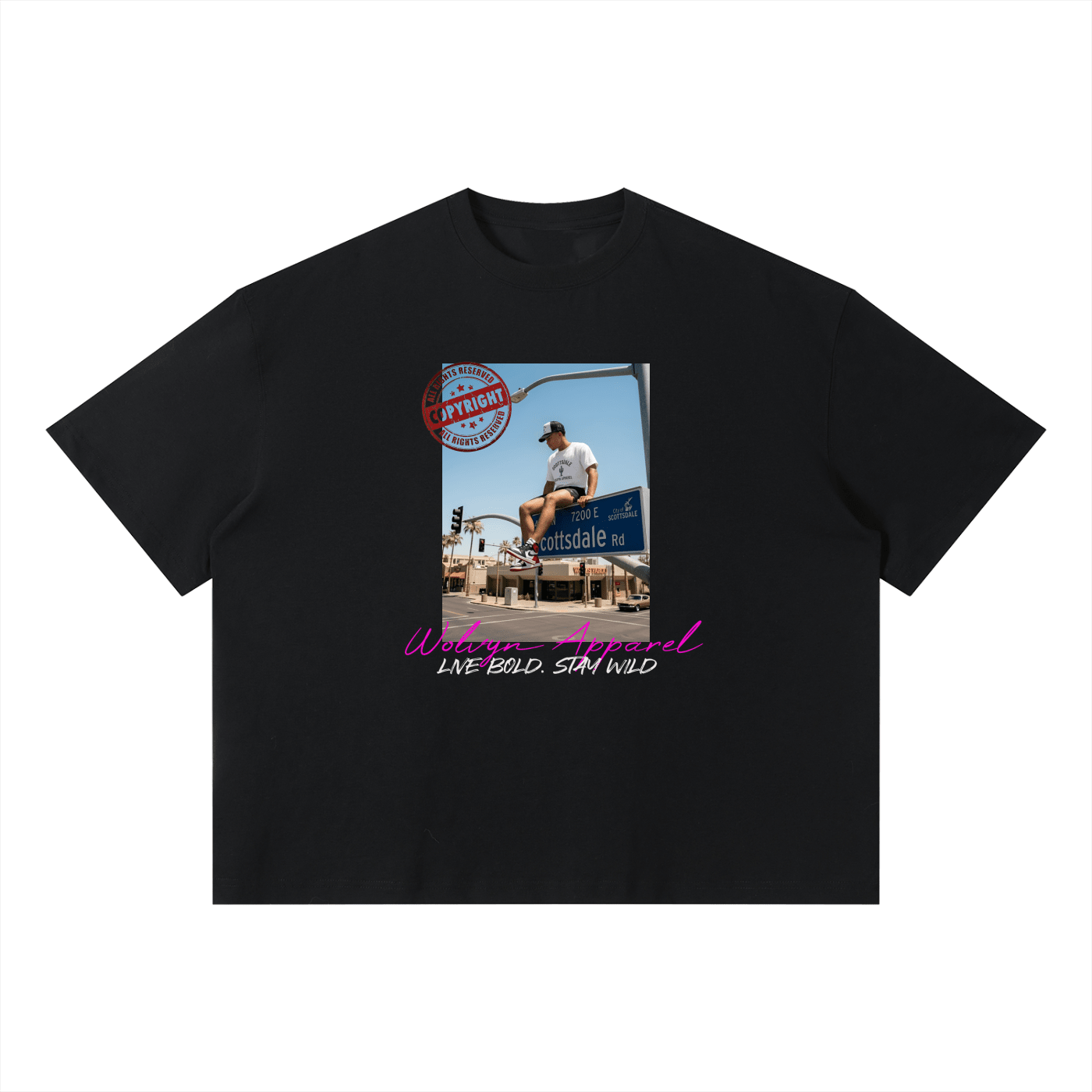 Black unisex boxy t-shirt with graphic streetwear photo and bold lettering on chest