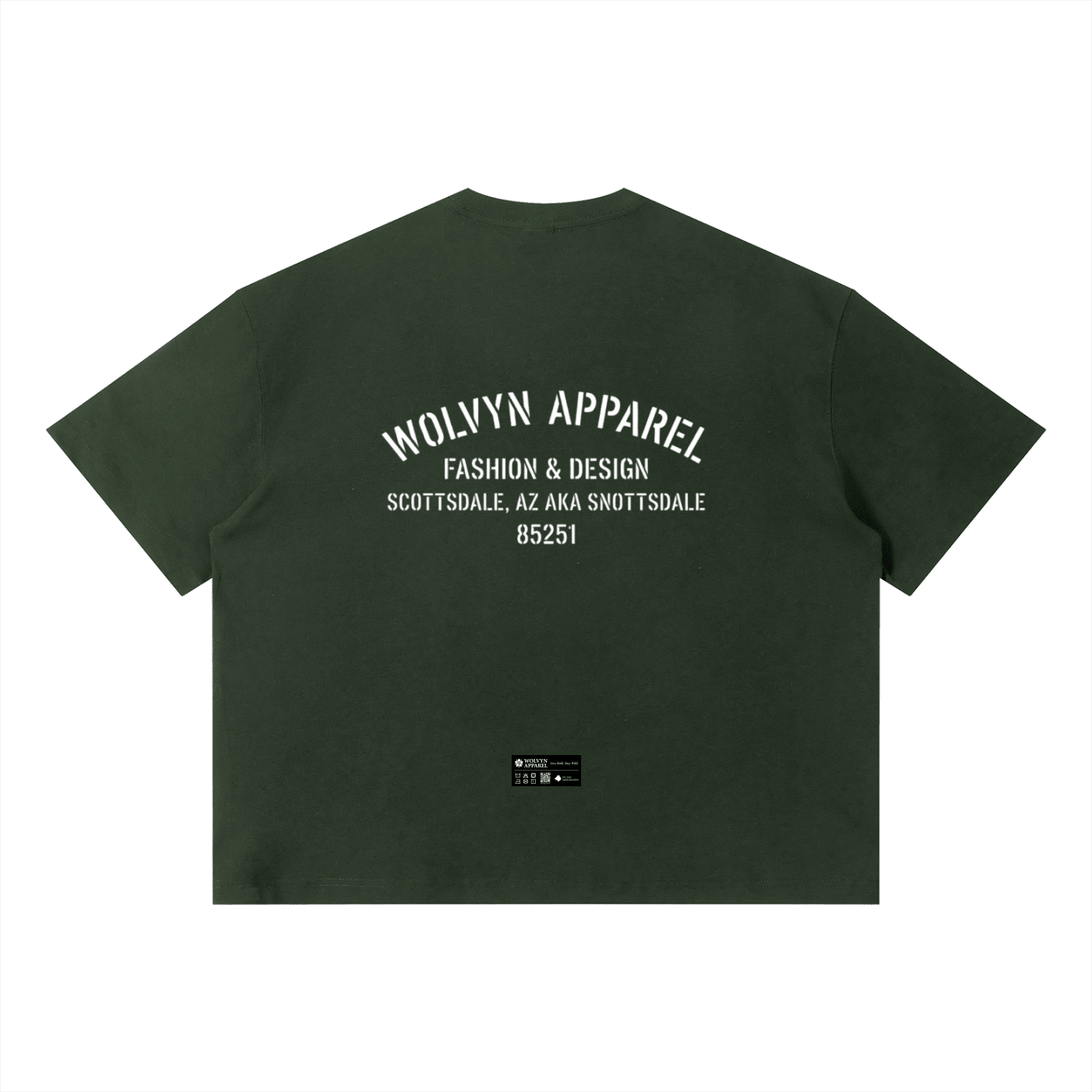 Dark green unisex boxy t-shirt with bold white text graphic on back and label near hem.