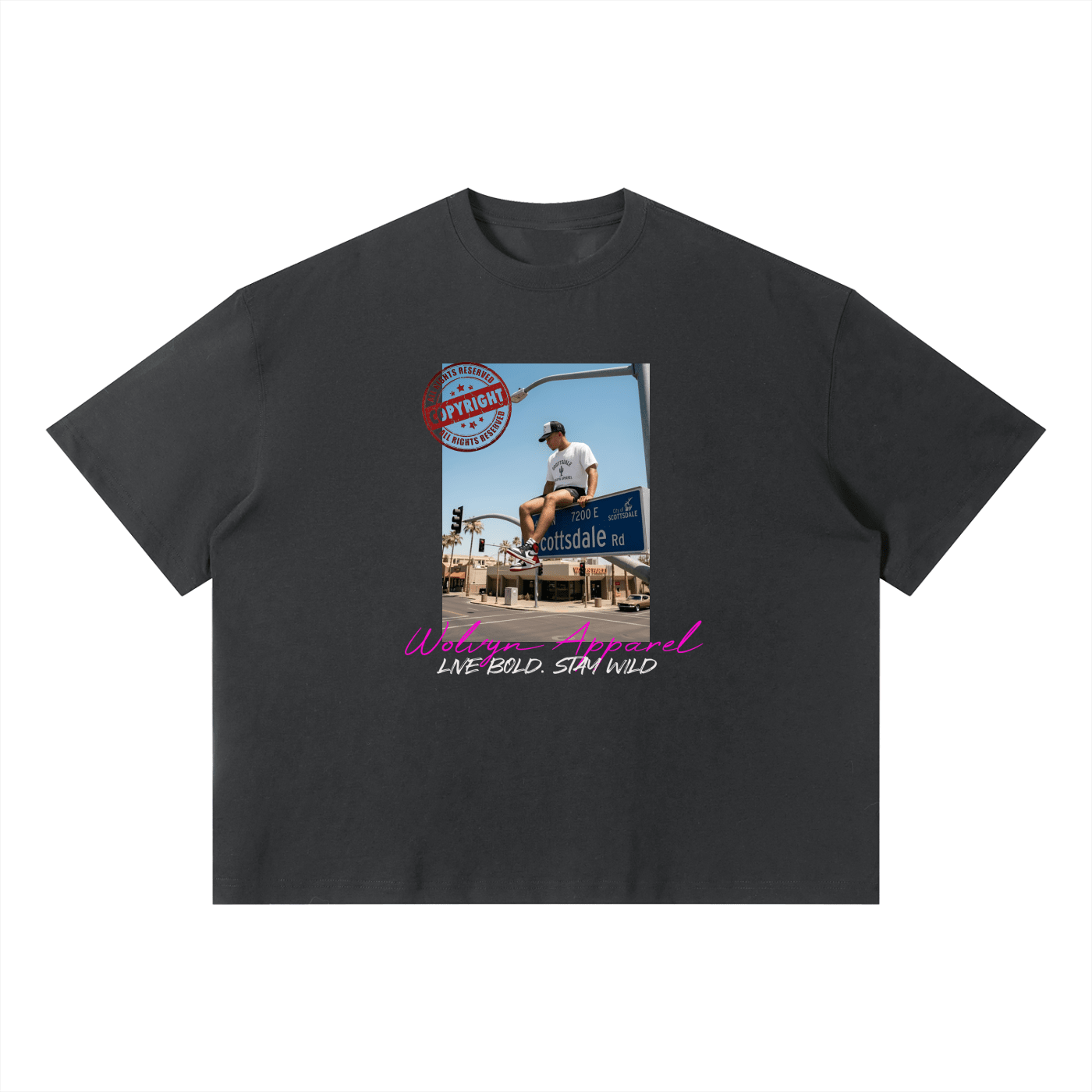 Black unisex streetwear t-shirt with graphic of person on Scottsdale sign and bold text.