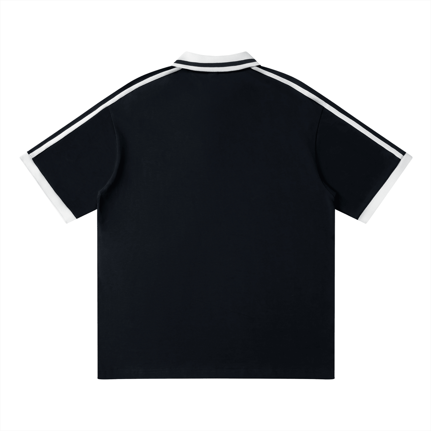 Back view of a black unisex polo shirt with white contrast piping and collar