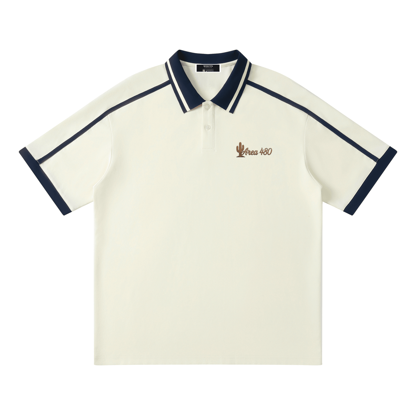 Unisex cream polo shirt with navy contrast piping and embroidered Area 480 chest logo