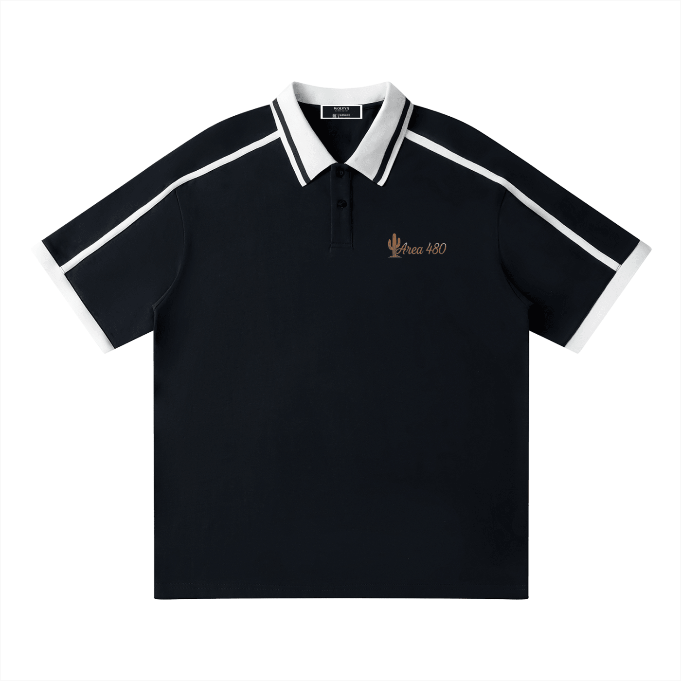 Black unisex polo shirt with white contrast piping and 'Area 480' cactus chest embroidery.