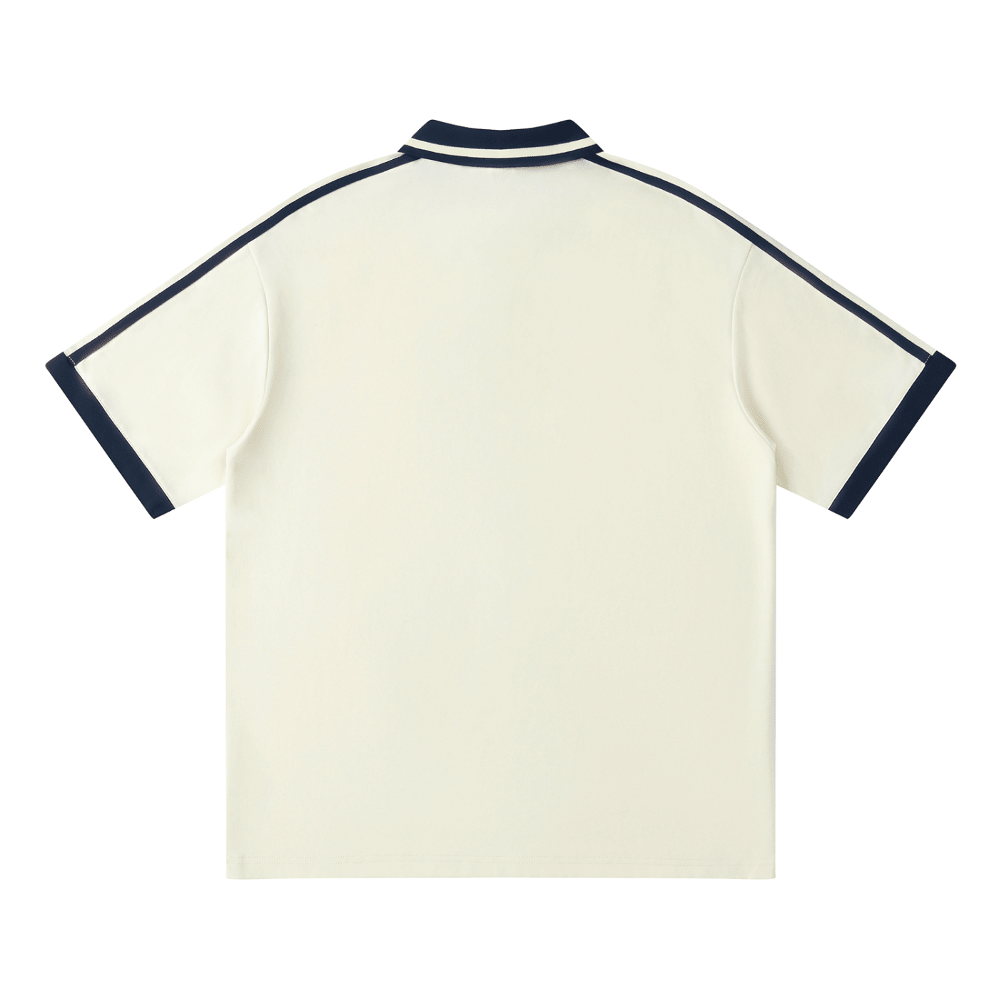 Unisex off-white polo shirt with navy contrast piping on sleeves and shoulders