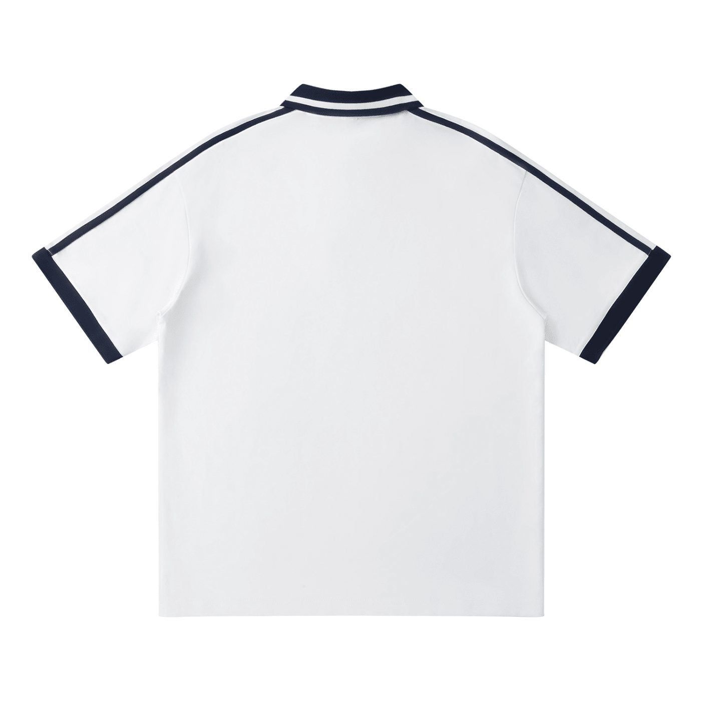 Back view of a white unisex polo shirt with navy contrast piping on collar, sleeves, and shoulders