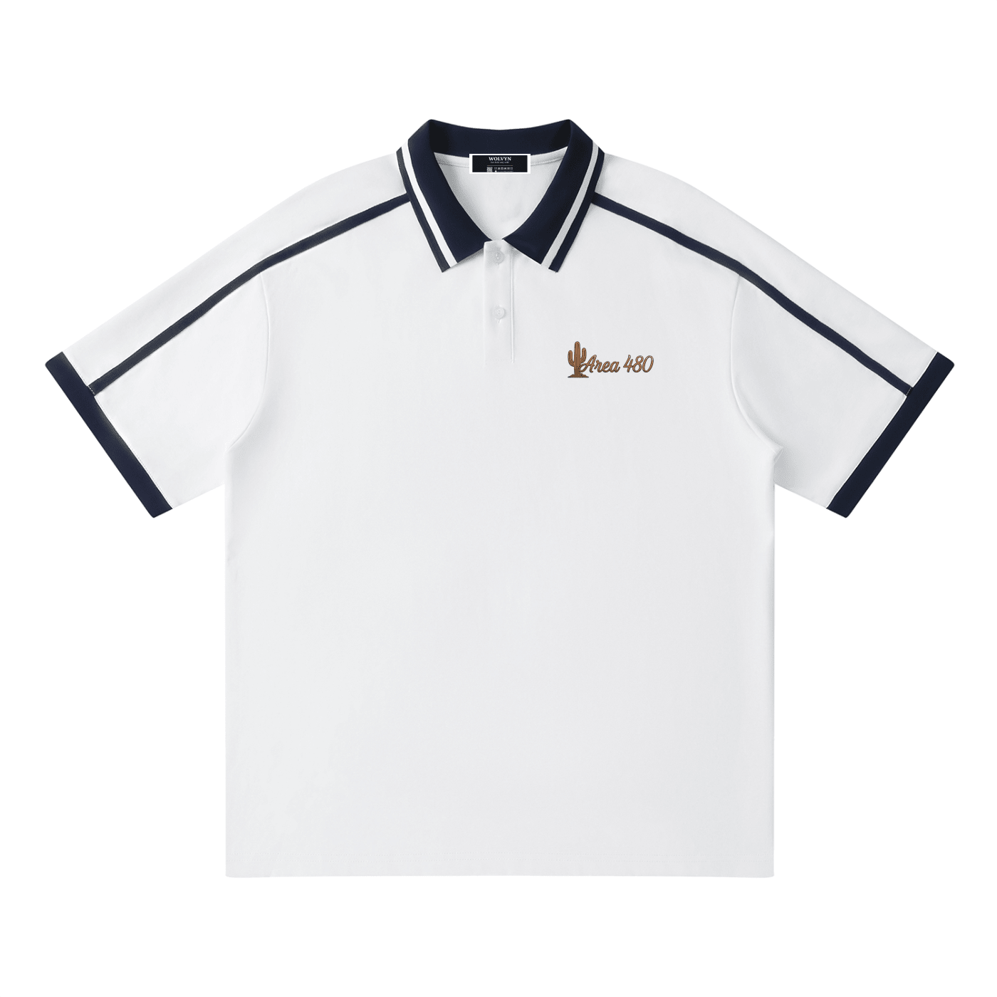White unisex polo shirt with black contrast piping and Area 480 cactus logo on chest