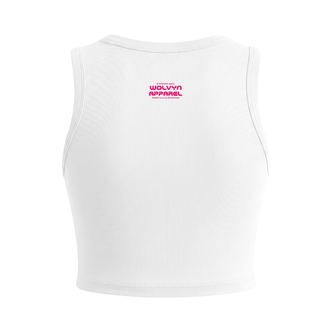 Back view of a white women's crewneck crop tank top with pink logo text