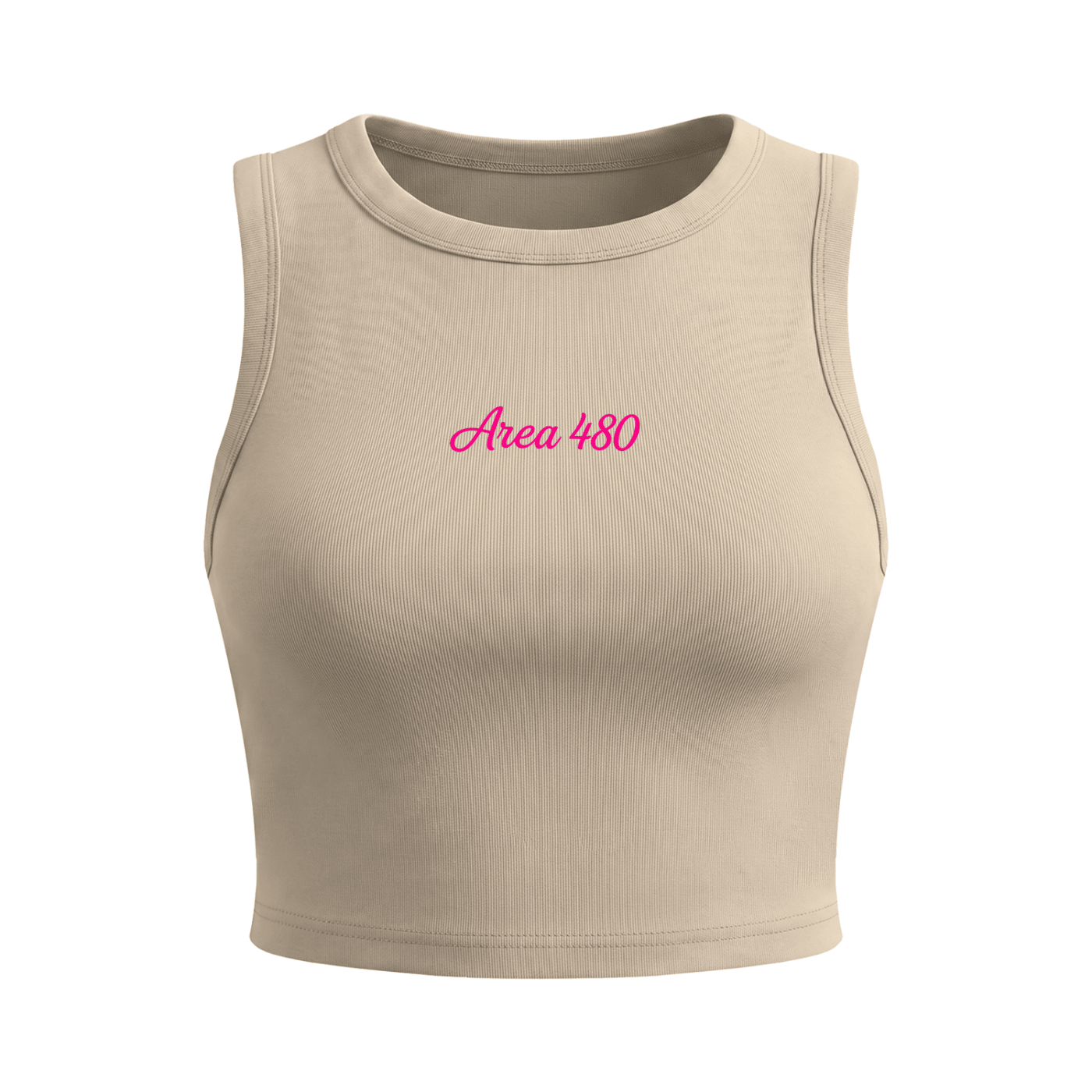 Beige women's crewneck crop tank top with 'Area 480' pink text on front