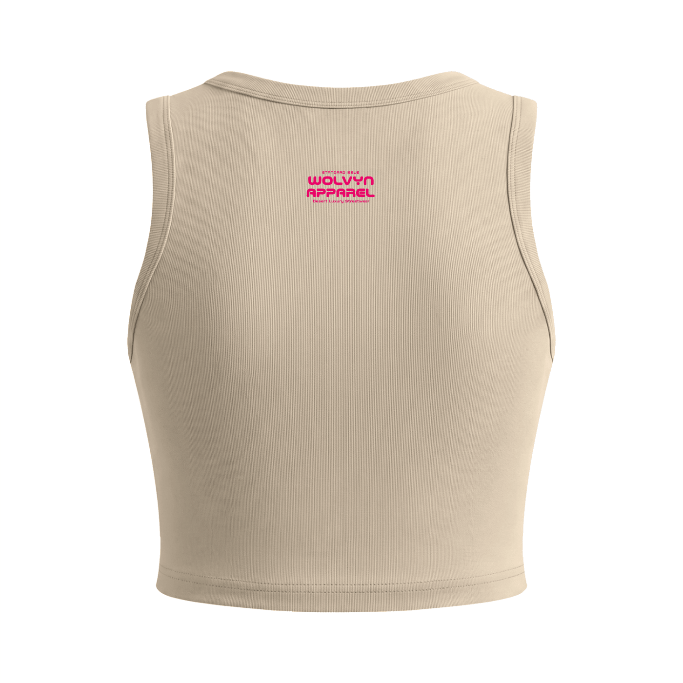 Beige ribbed women's crop tank top with pink back logo, streetwear style