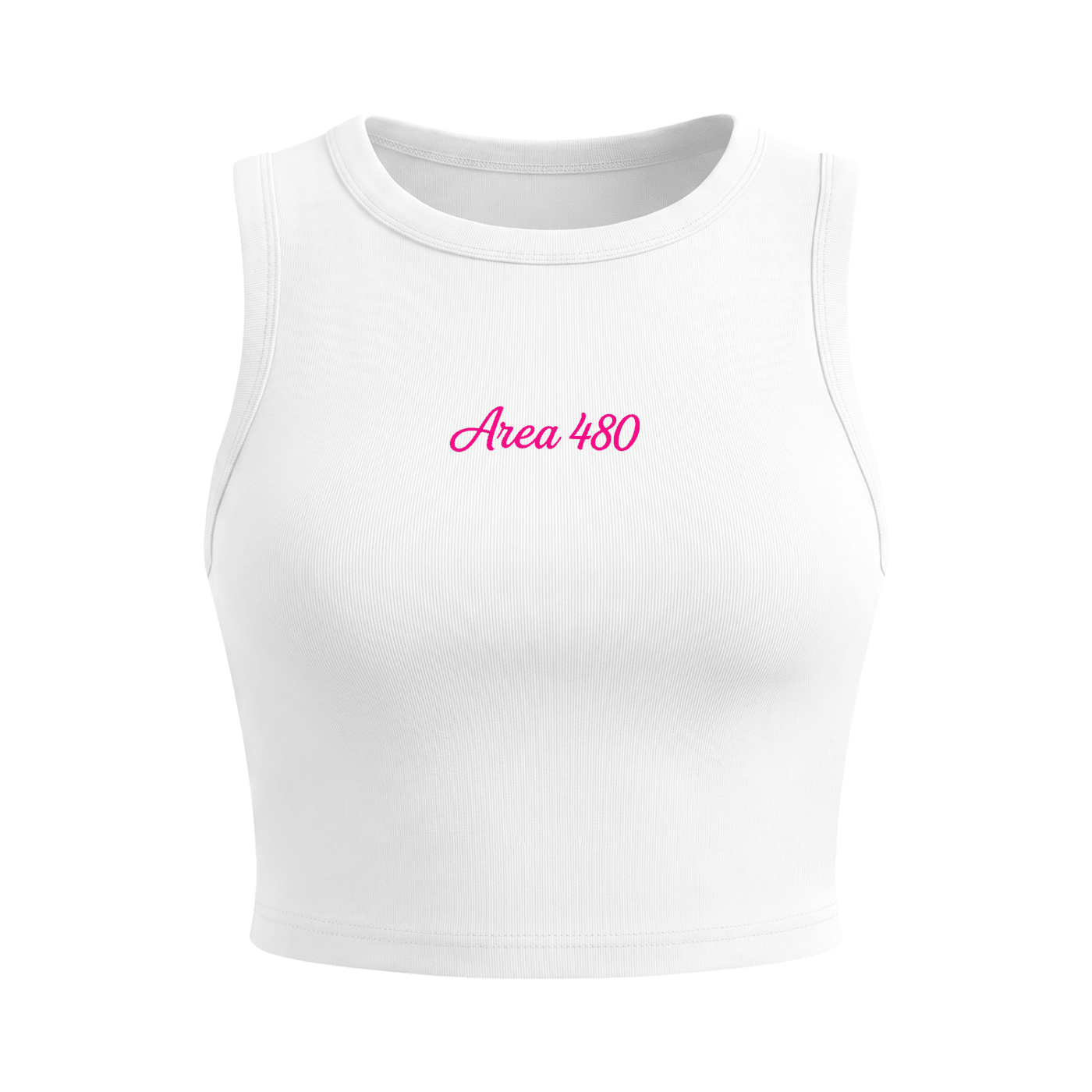 White women's crop tank top with 'Area 480' pink script on front, streetwear style