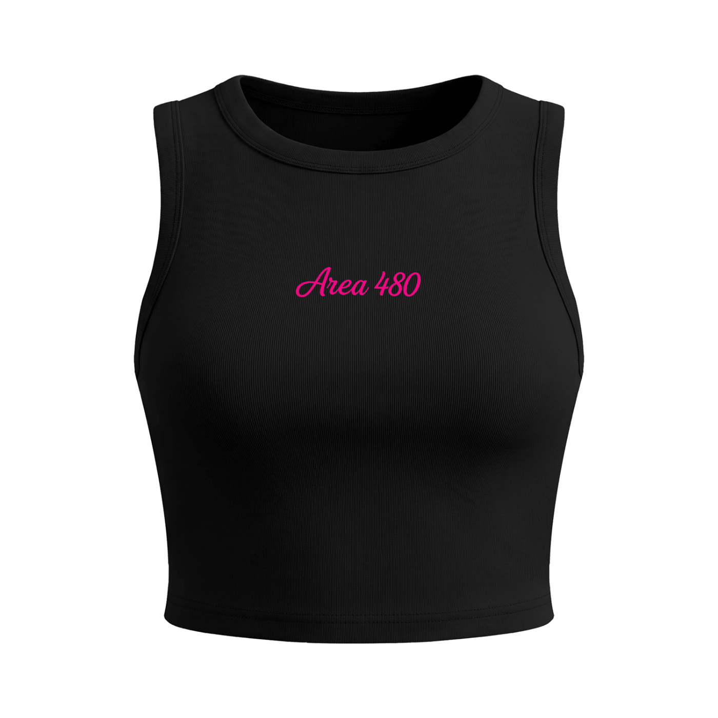 Black women's crop tank top with 'Area 480' pink script on chest, streetwear style