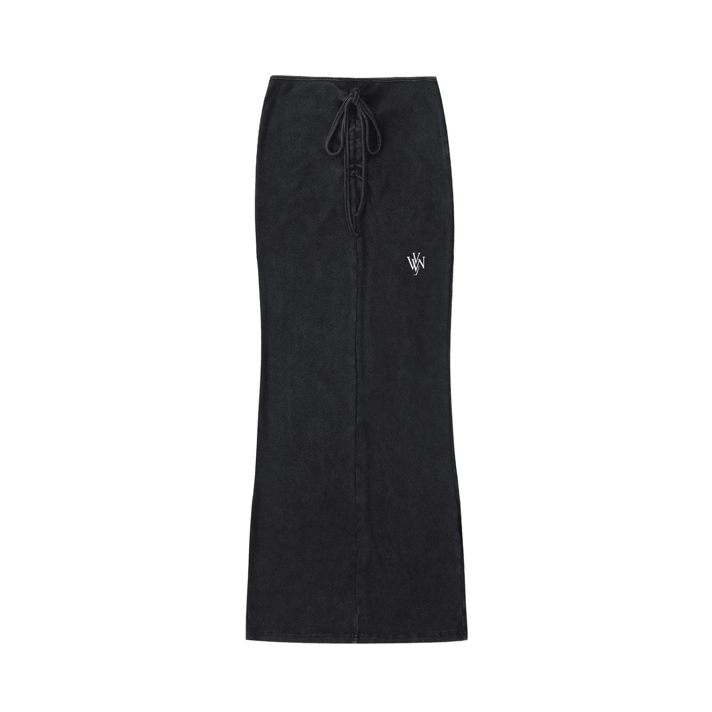 Black dyed washed drawstring maxi skirt with front tie and white embroidered logo