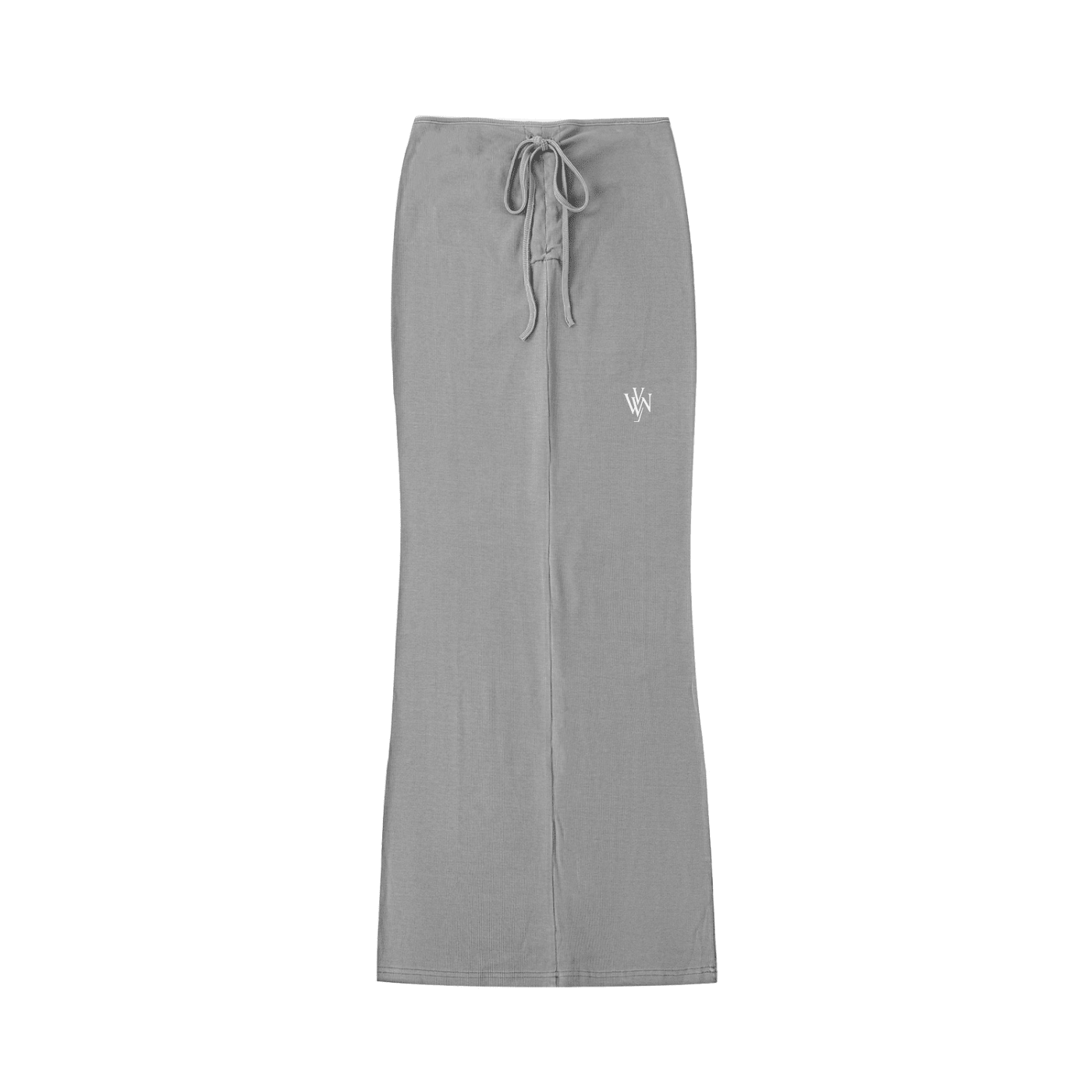 Gray washed drawstring maxi skirt with embroidered logo on front, streetwear style
