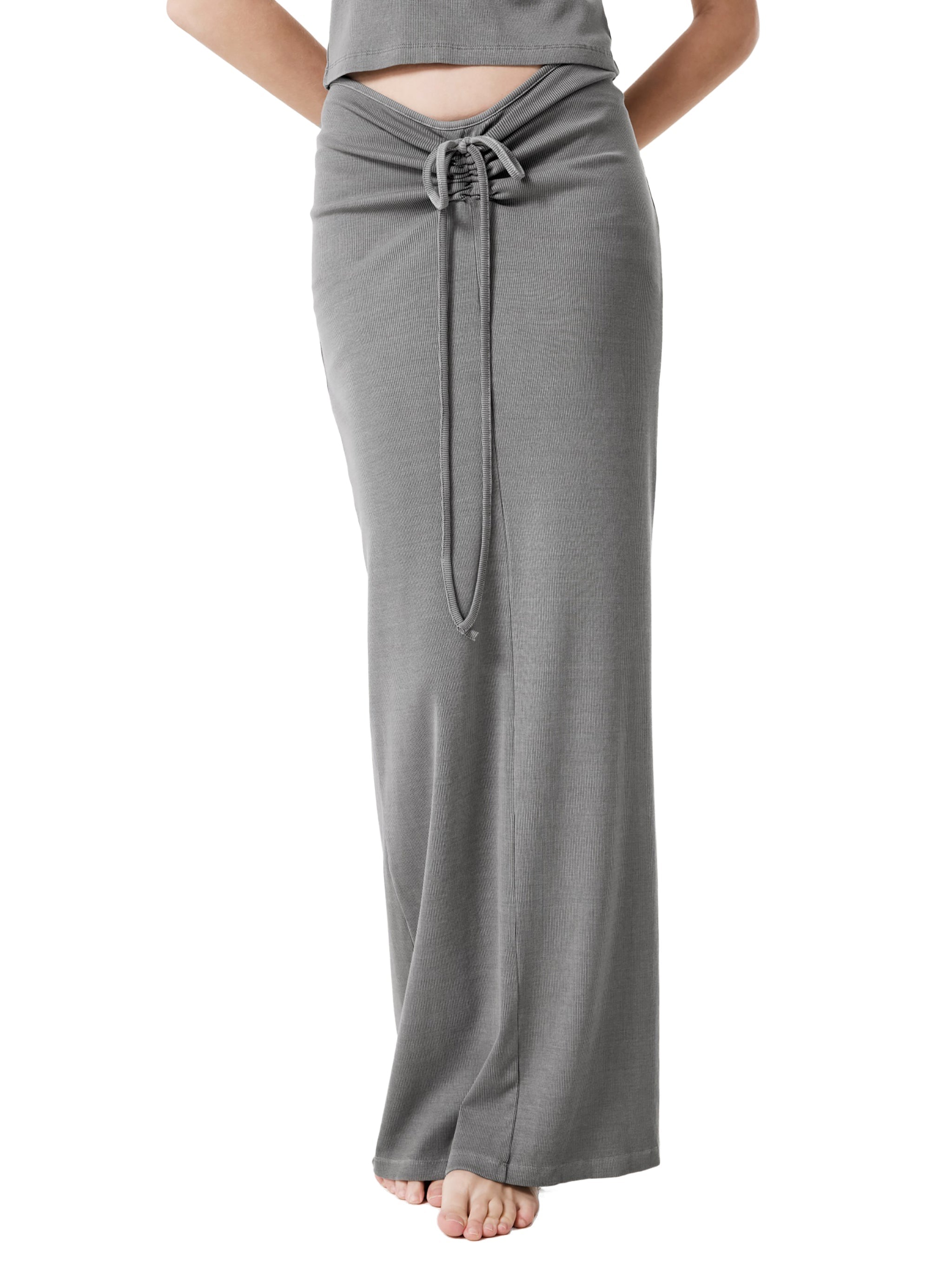 Gray washed drawstring maxi skirt with high waist and relaxed fit, modeled barefoot