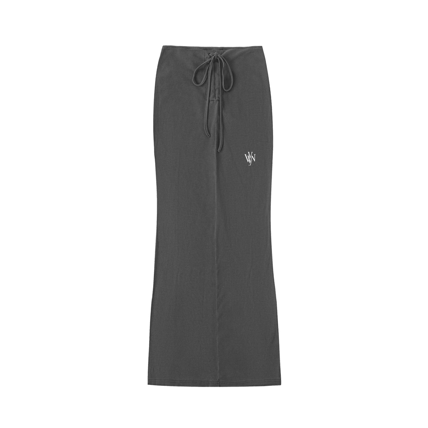 Washed black drawstring maxi skirt with embroidered logo and minimalist streetwear style