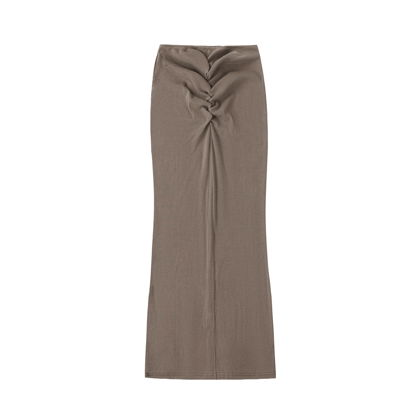 Brown dyed washed maxi skirt with ruched drawstring detail, streetwear fashion