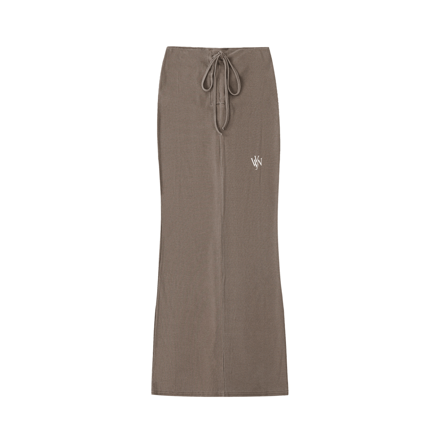Brown dyed washed drawstring maxi skirt with minimalist embroidered logo on front