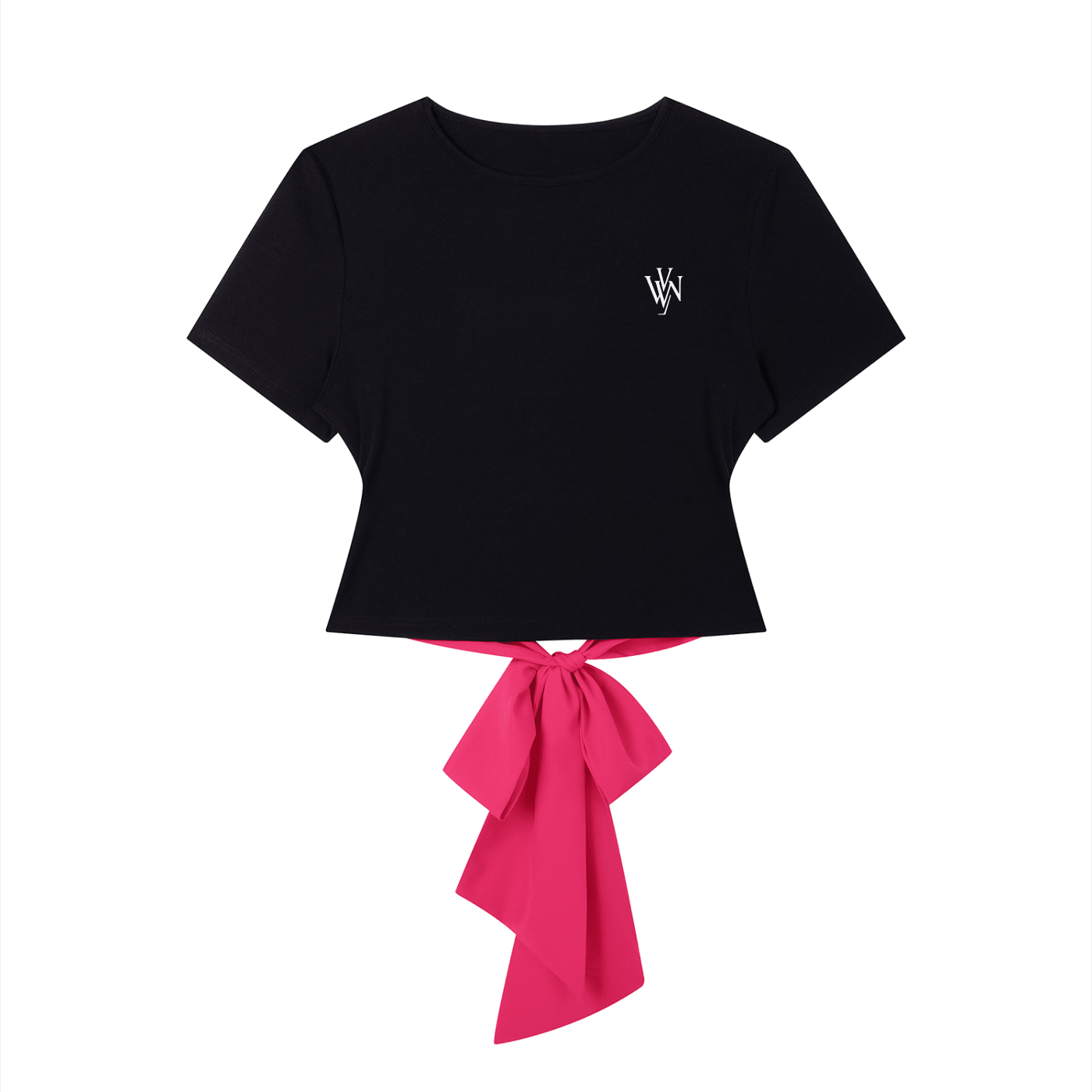 Black women's slim fit short sleeve t-shirt with pink bow tie detail and small chest logo