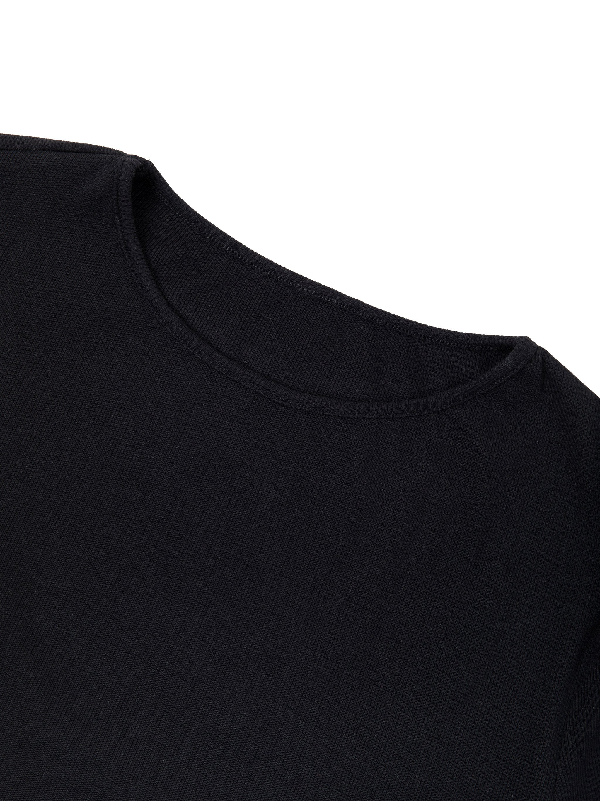 Close-up of black women's slim fit boatneck T-shirt with soft ribbed texture