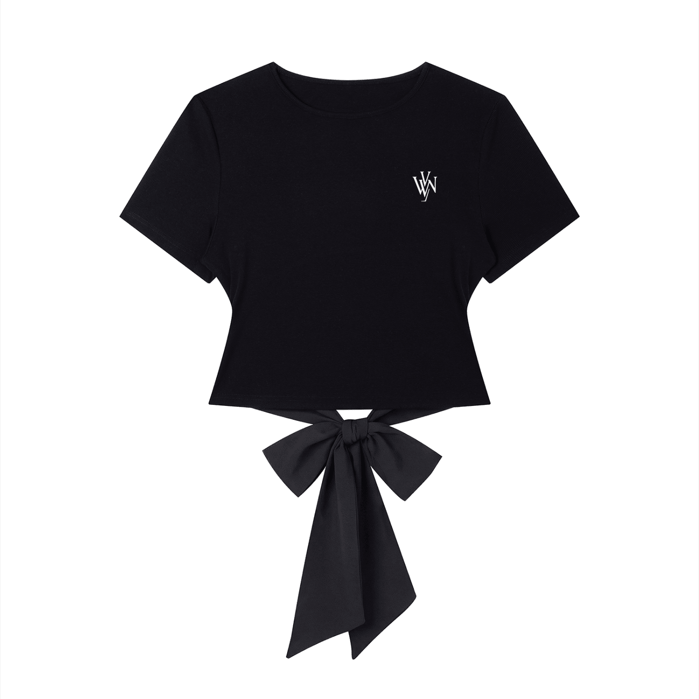 Black women's slim fit boatneck t-shirt with front tie detail and white logo graphic