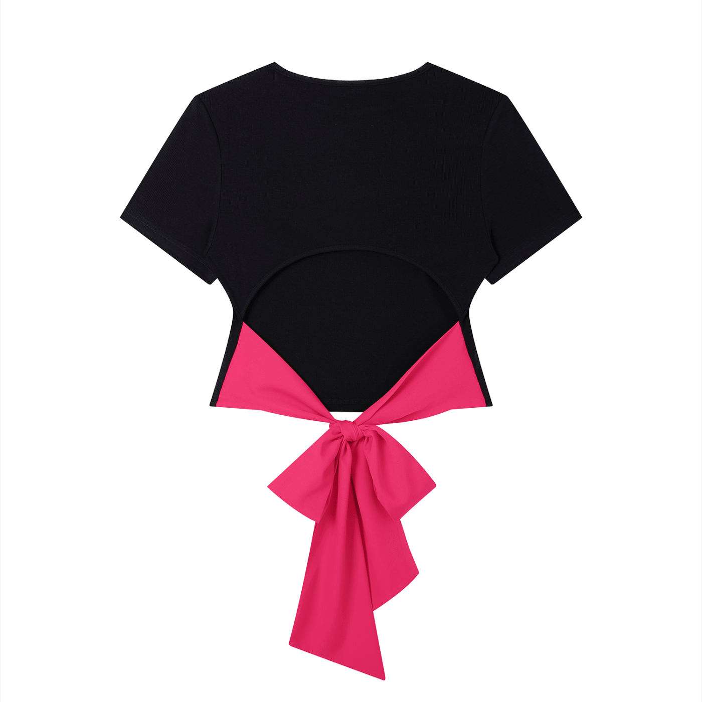 Black slim fit women's boatneck t-shirt with open back and large pink bow accent