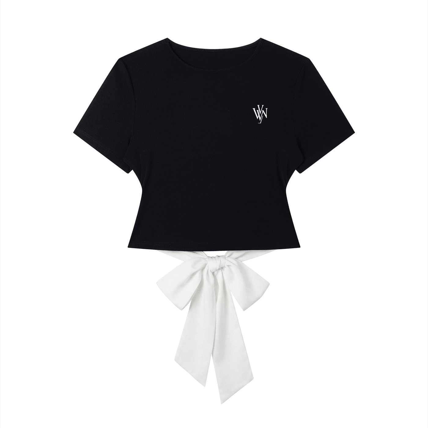 Black slim-fit women's boatneck t-shirt with short sleeves and white bow detail at waist
