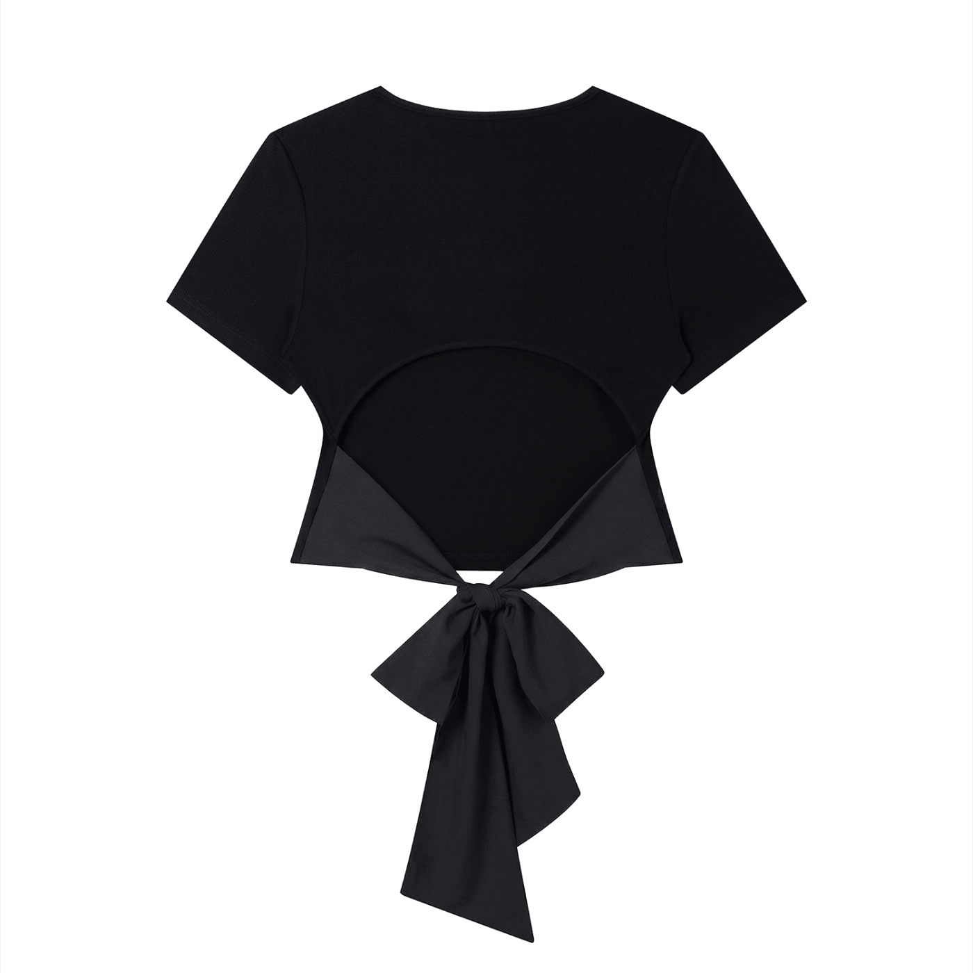 Black slim-fit women's boatneck t-shirt with back cutout and large bow tie accent