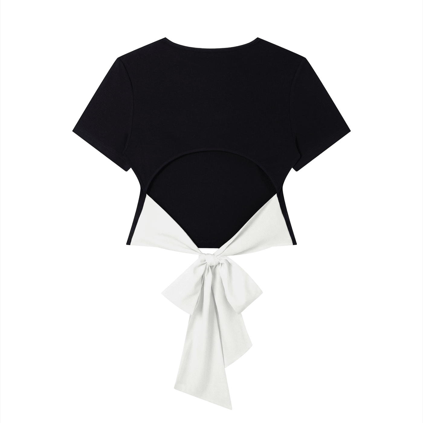Black slim-fit women's boatneck t-shirt with open back and large white bow tie