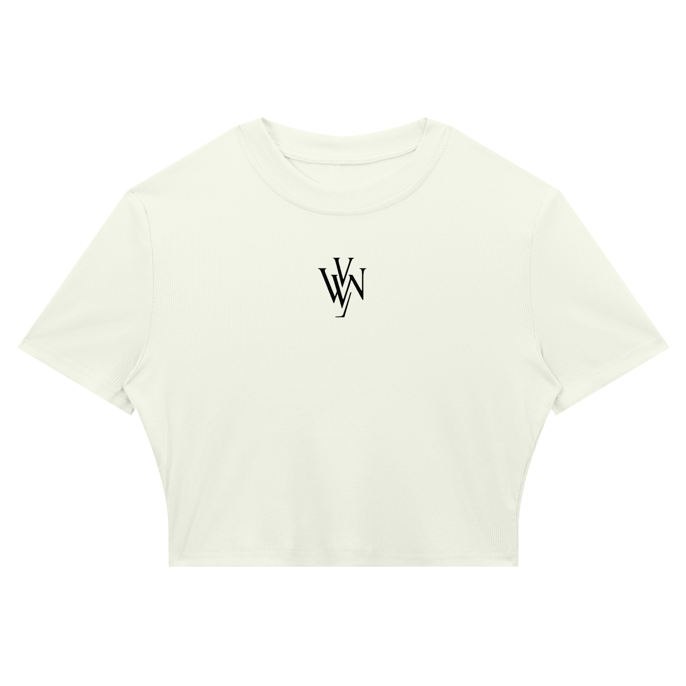 White ribbed women's slim crop t-shirt with minimalist black monogram graphic on chest