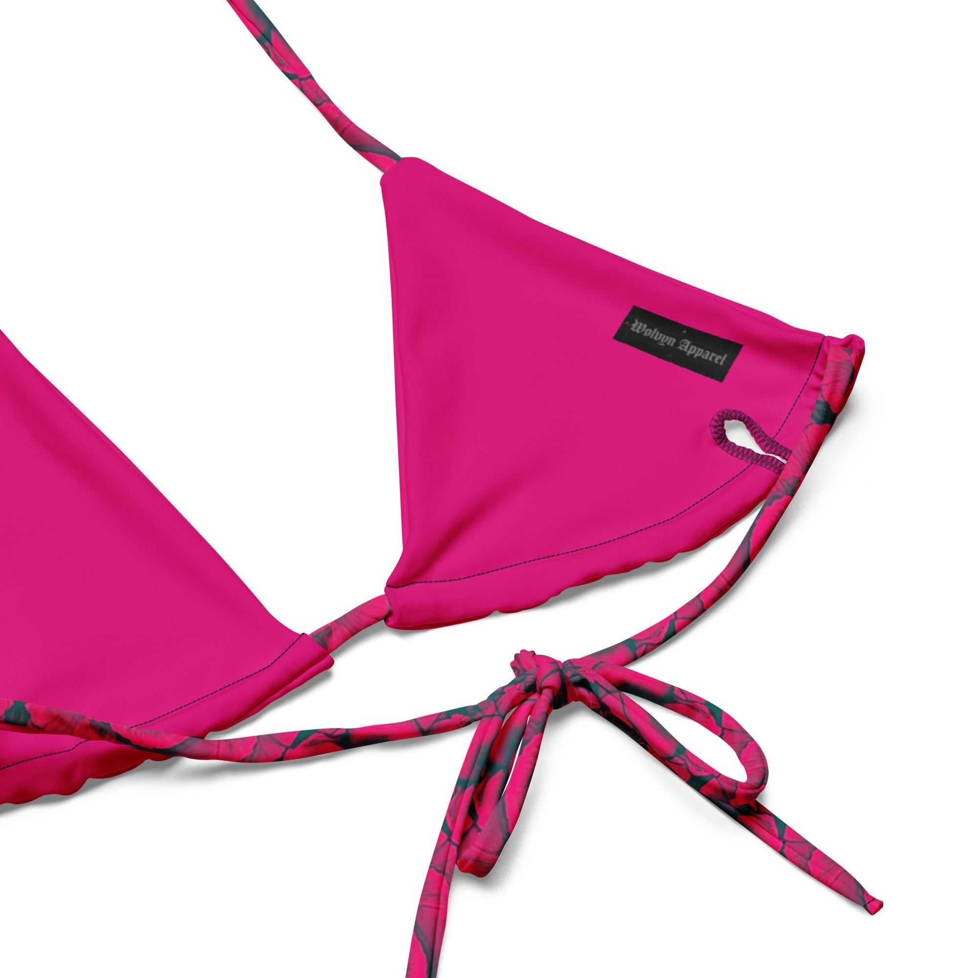 Pink string bikini top with floral print straps and triangle cup design