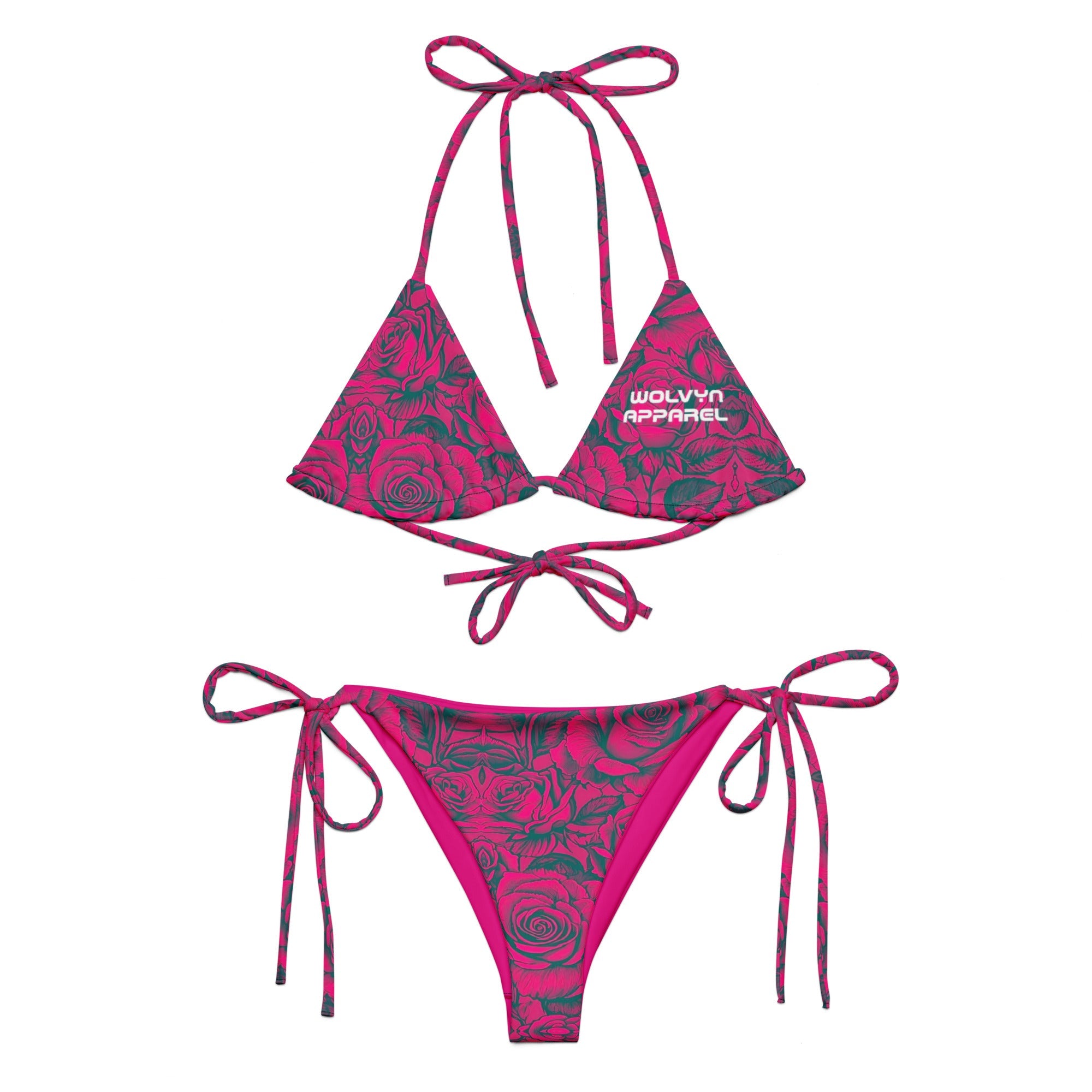 Pink and black rose print string bikini set with tie straps and bold floral pattern