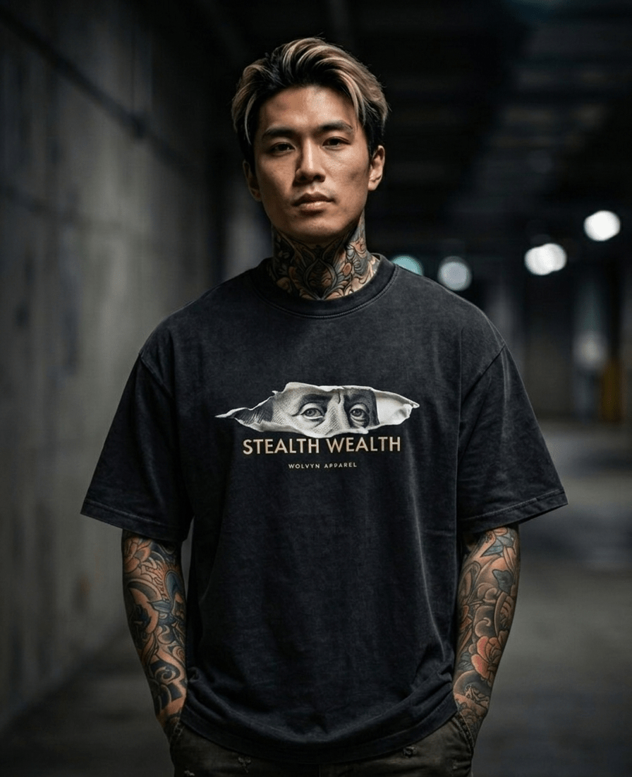 Man wearing a black distressed boxy t-shirt with 'STEALTH WEALTH' graphic print and bold tattoos.