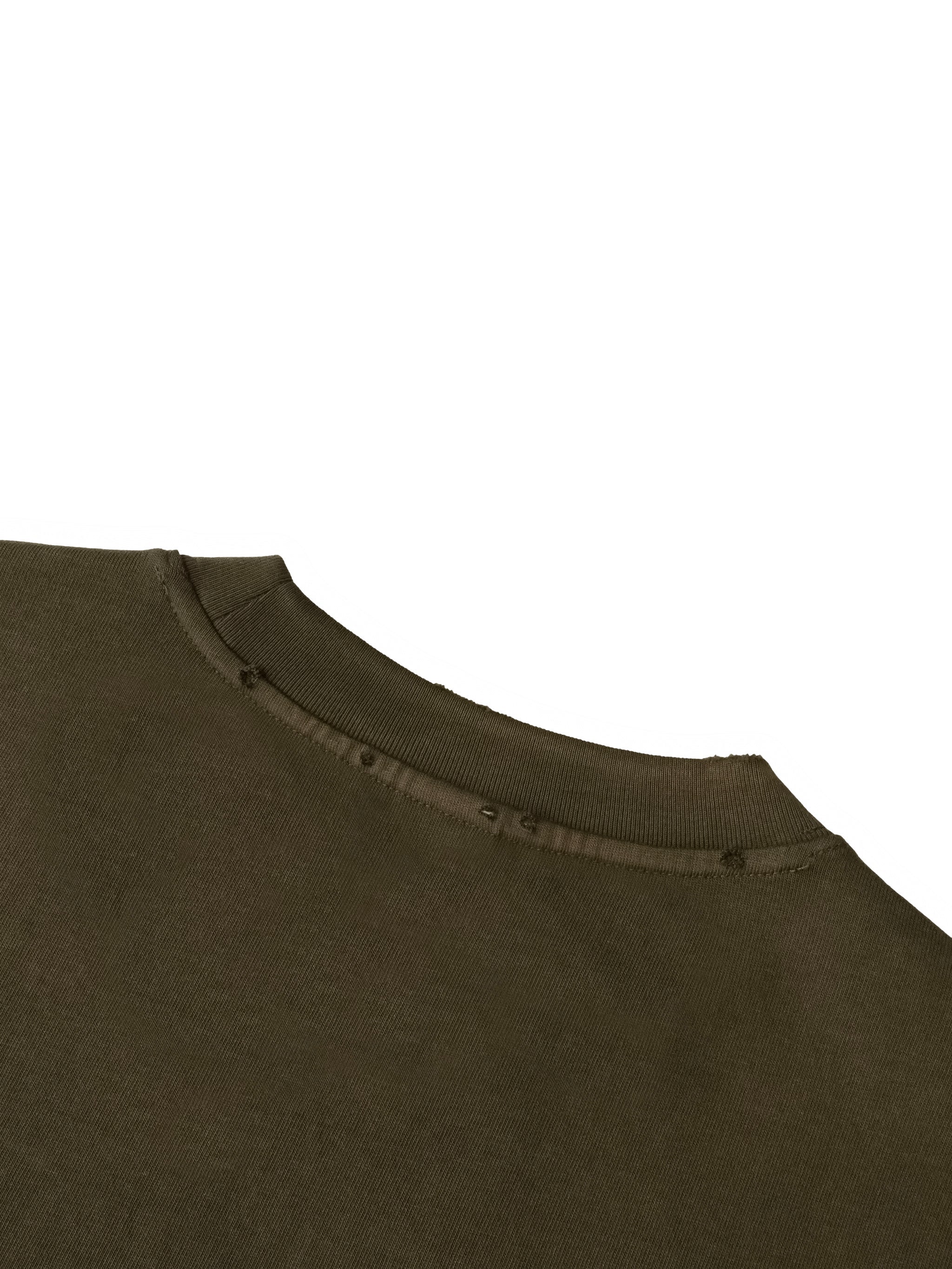 Olive green sun-fade distressed boxy T-shirt collar with raw edge detail