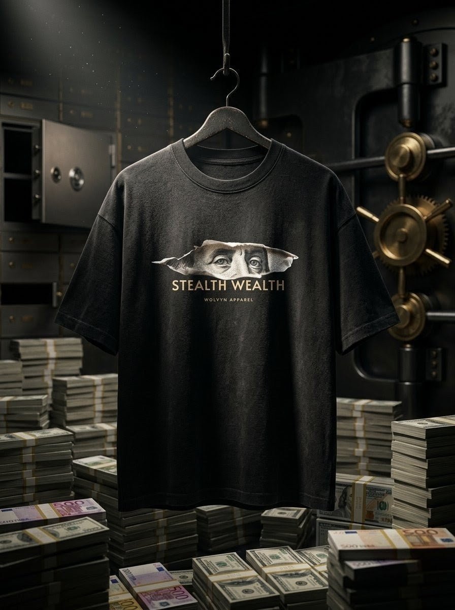 Distressed black unisex t-shirt with 'Stealth Wealth' graphic, displayed in a vault with money stacks.