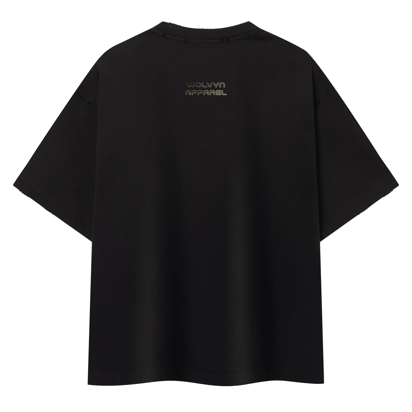 Black unisex boxy t-shirt with sun-faded effect and distressed seams, back view