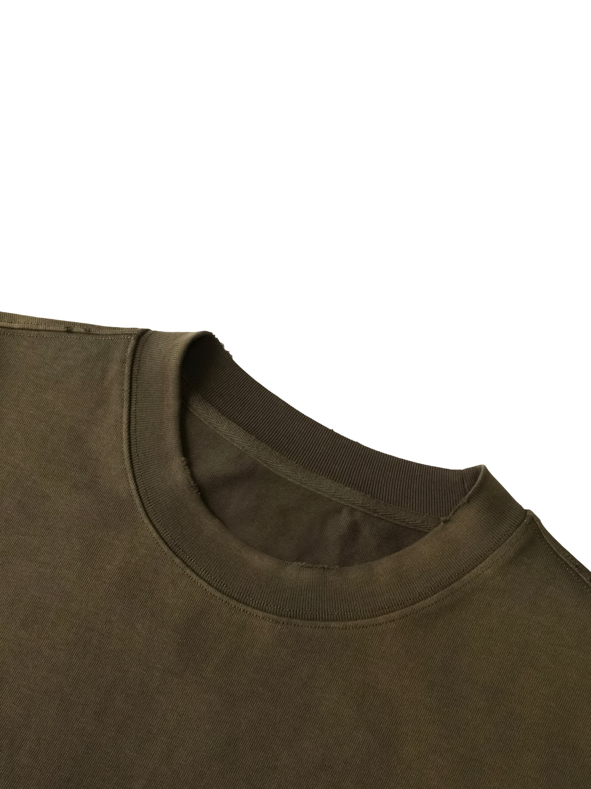 Olive green sun-fade distressed unisex boxy T-shirt closeup with ribbed crew neck