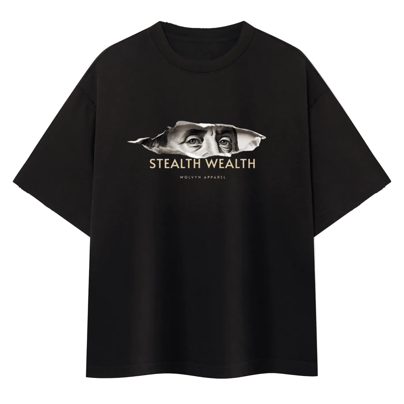 Black unisex boxy t-shirt with stealth wealth graphic and peek-a-boo eyes design.