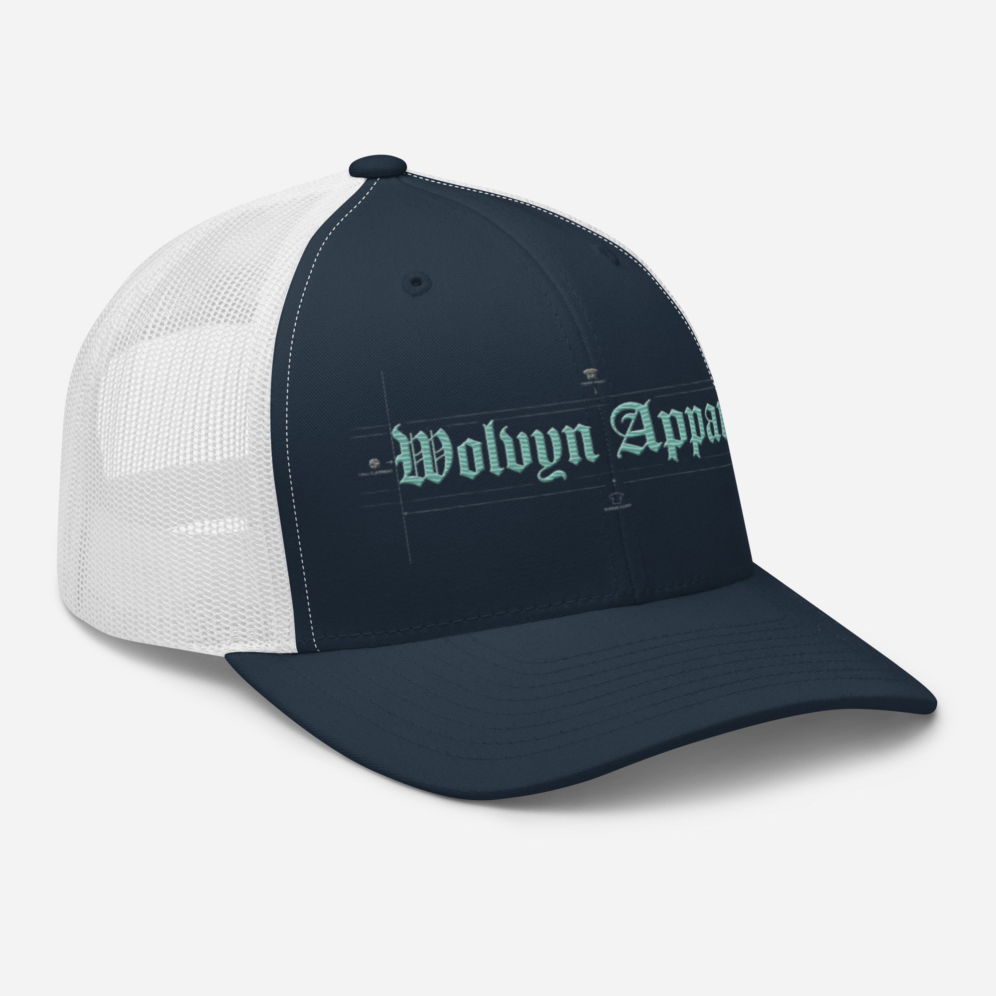Navy and white mesh trucker cap with blueprint embroidery and gothic text on front panel