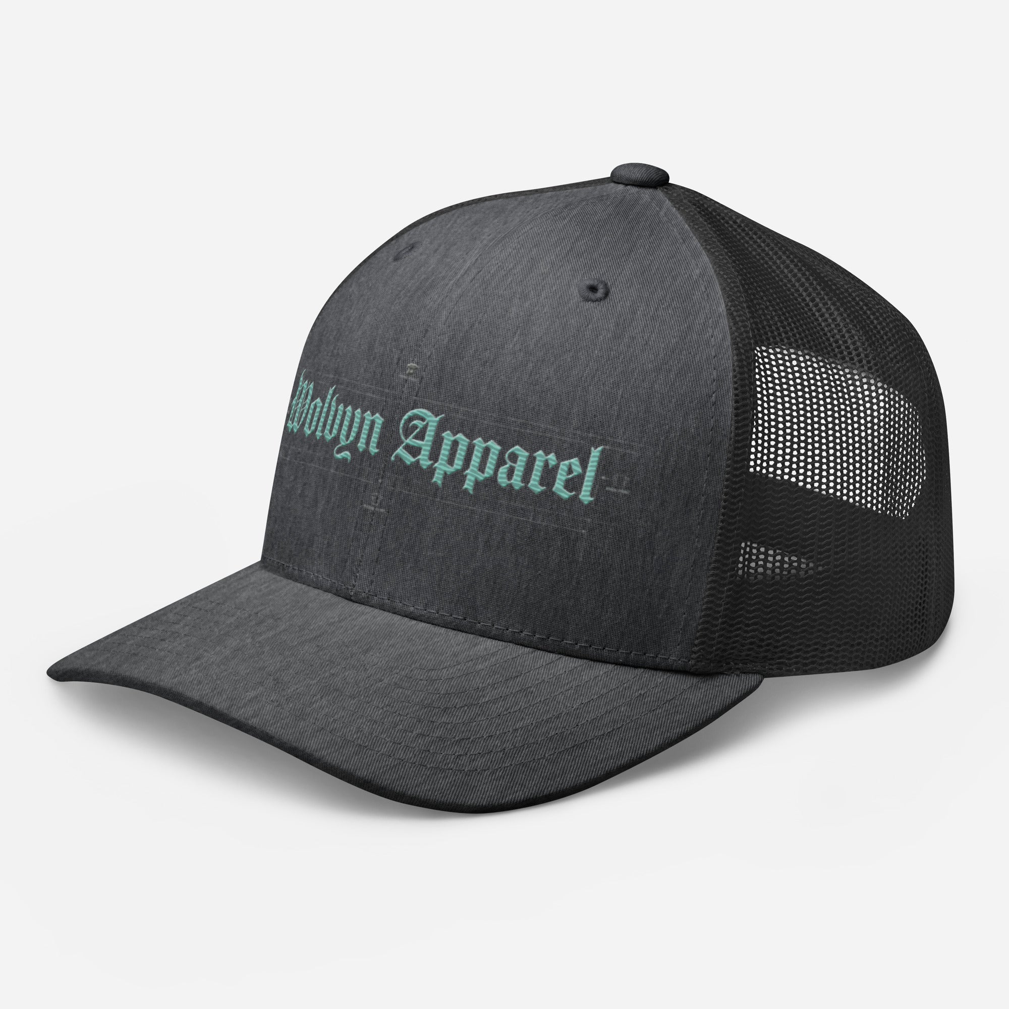 Charcoal mid-profile embroidered trucker cap with mesh back and gothic text on front