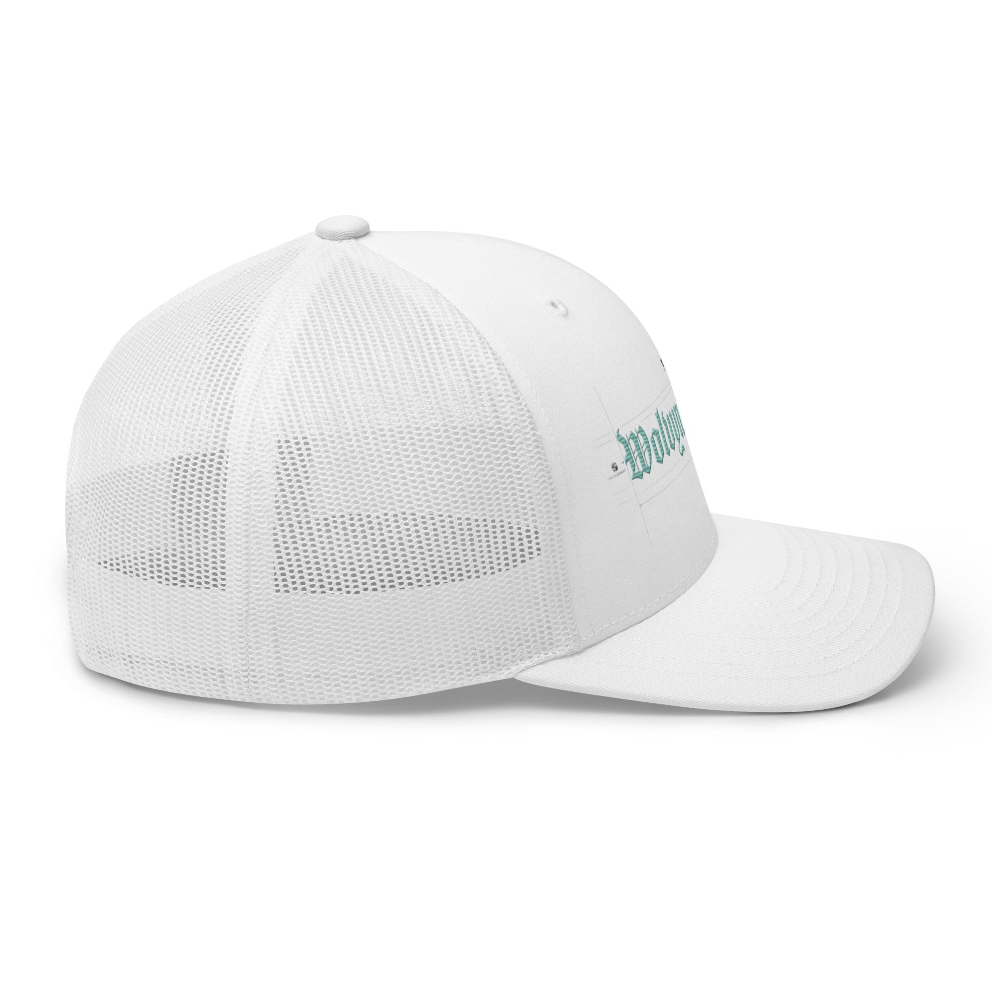 white mid-profile embroidered trucker cap with mesh back and teal logo on front panel