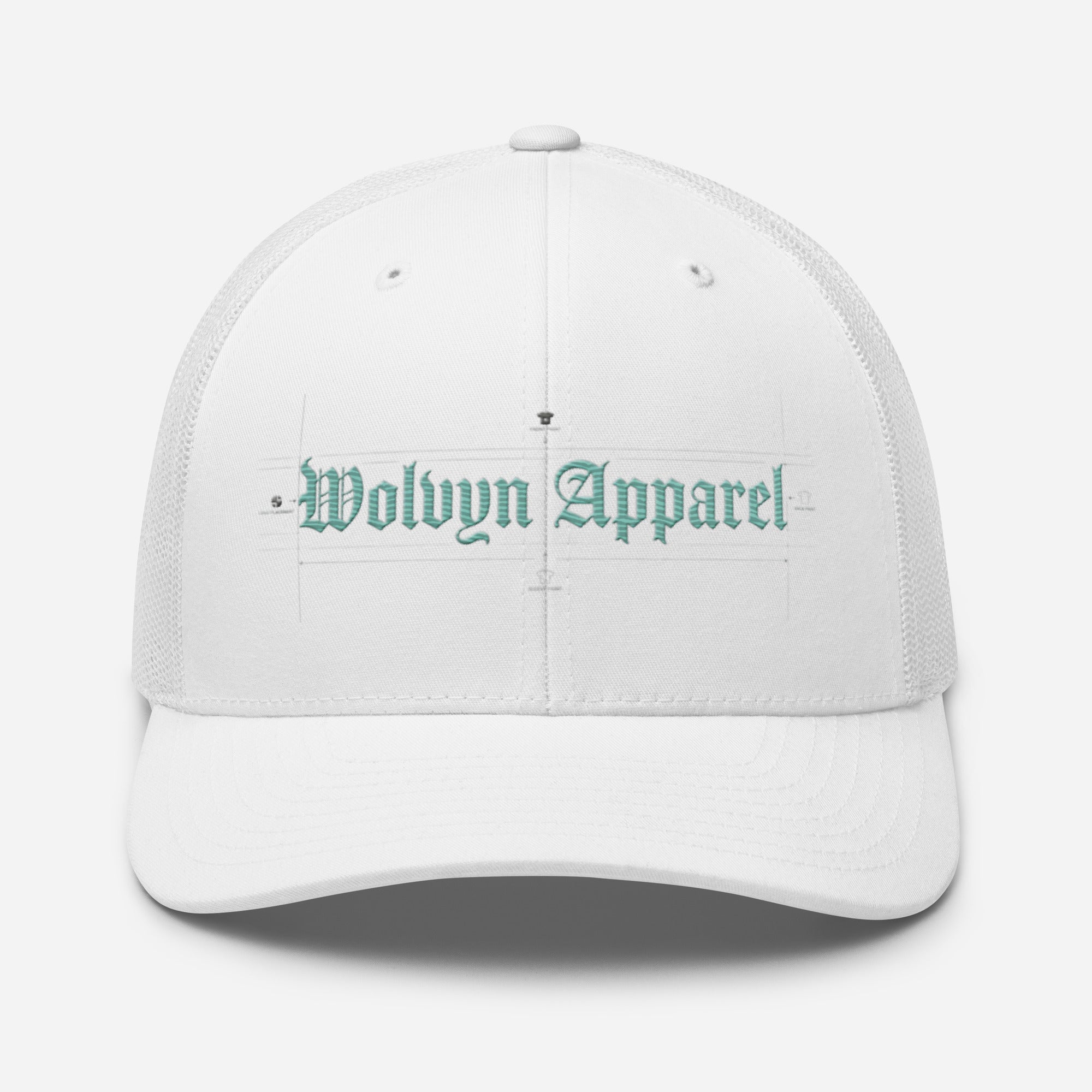 White mid-profile trucker cap with mesh back and embroidered gothic text on front