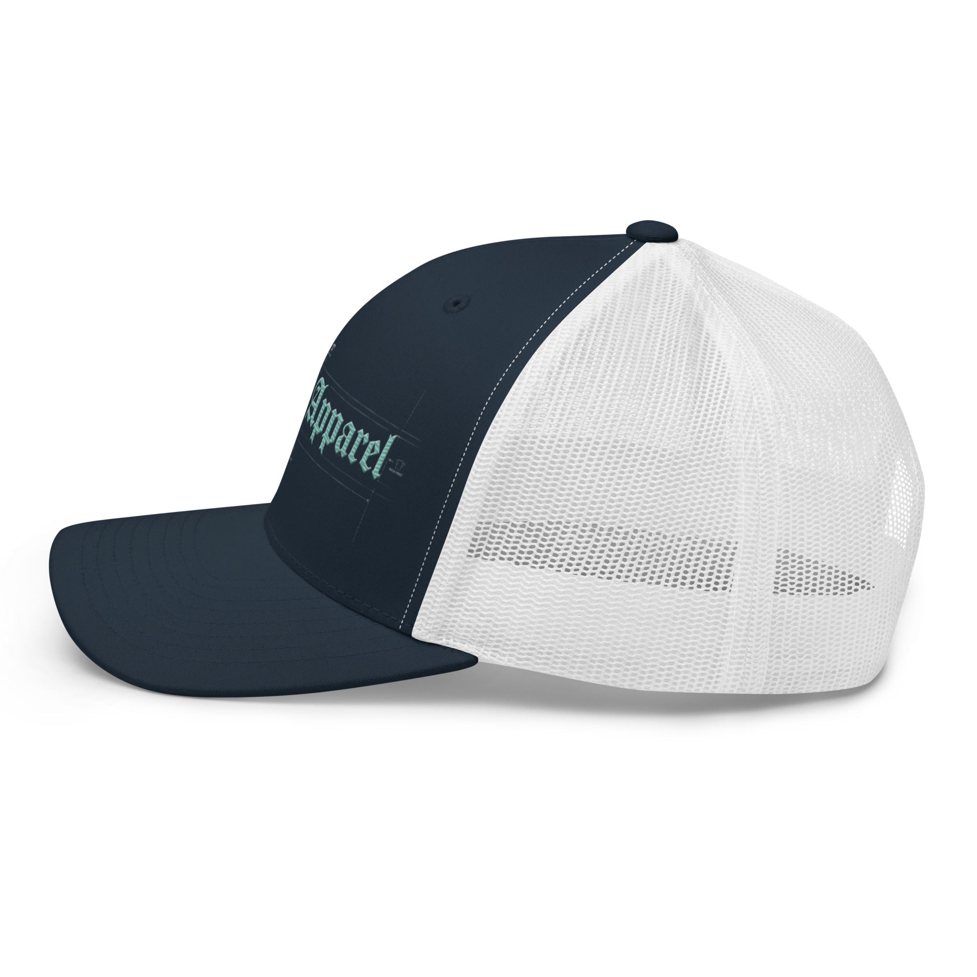 Navy and white embroidered mid-profile trucker cap with mesh back and blueprint-style text design