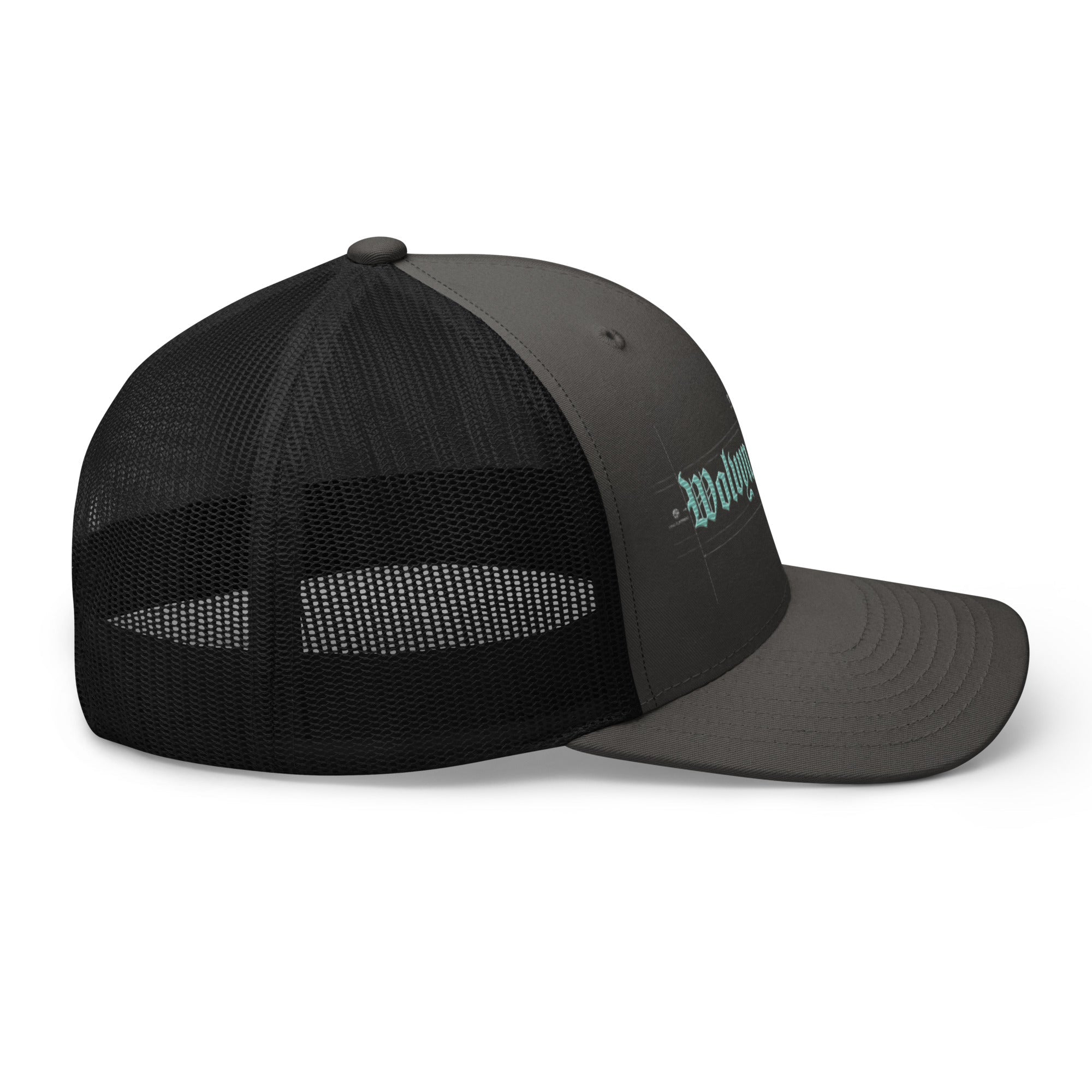 Mid-profile black and gray trucker cap with mesh back and light blue embroidered text on front