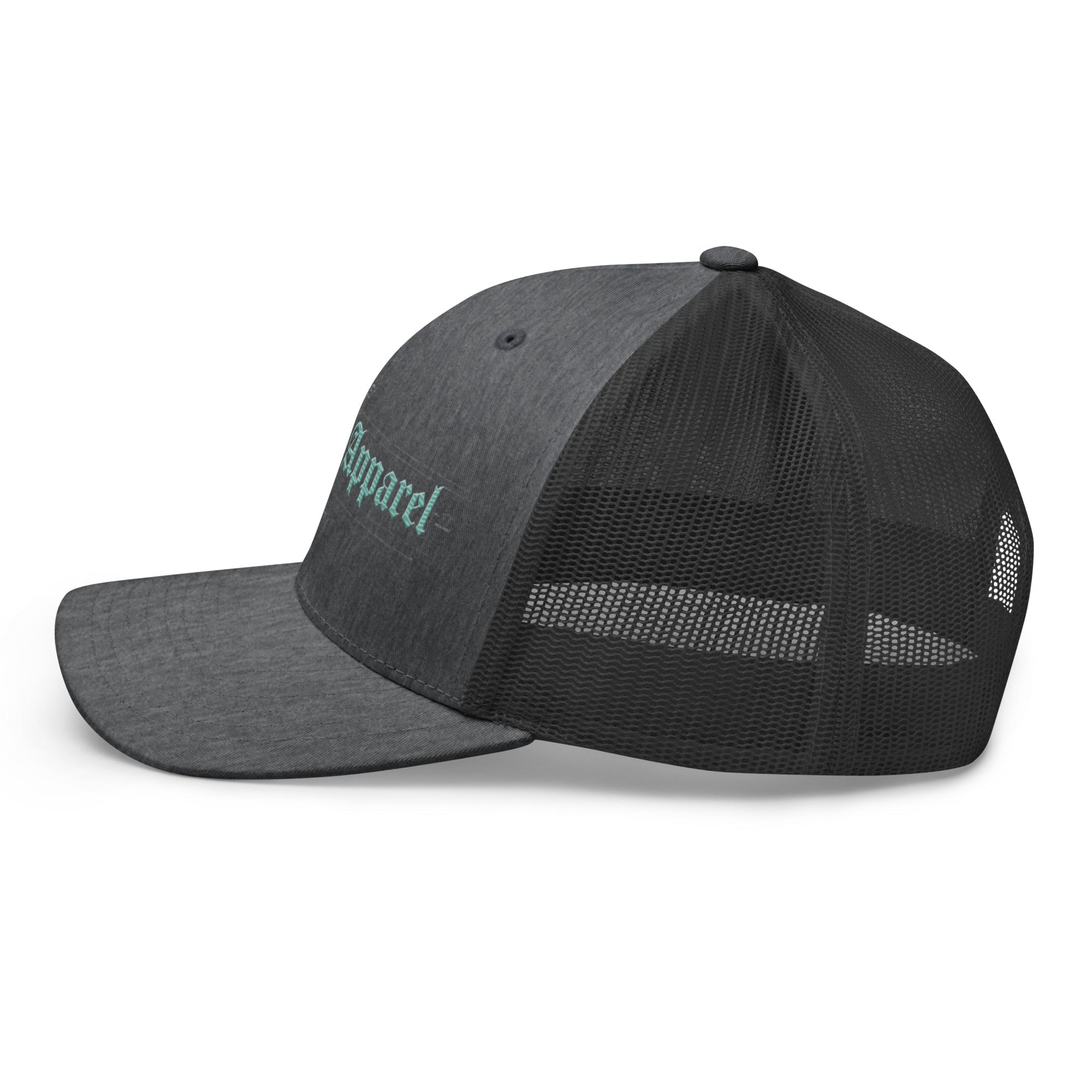 Gray and black mid-profile trucker cap with mesh panels and embroidered front text