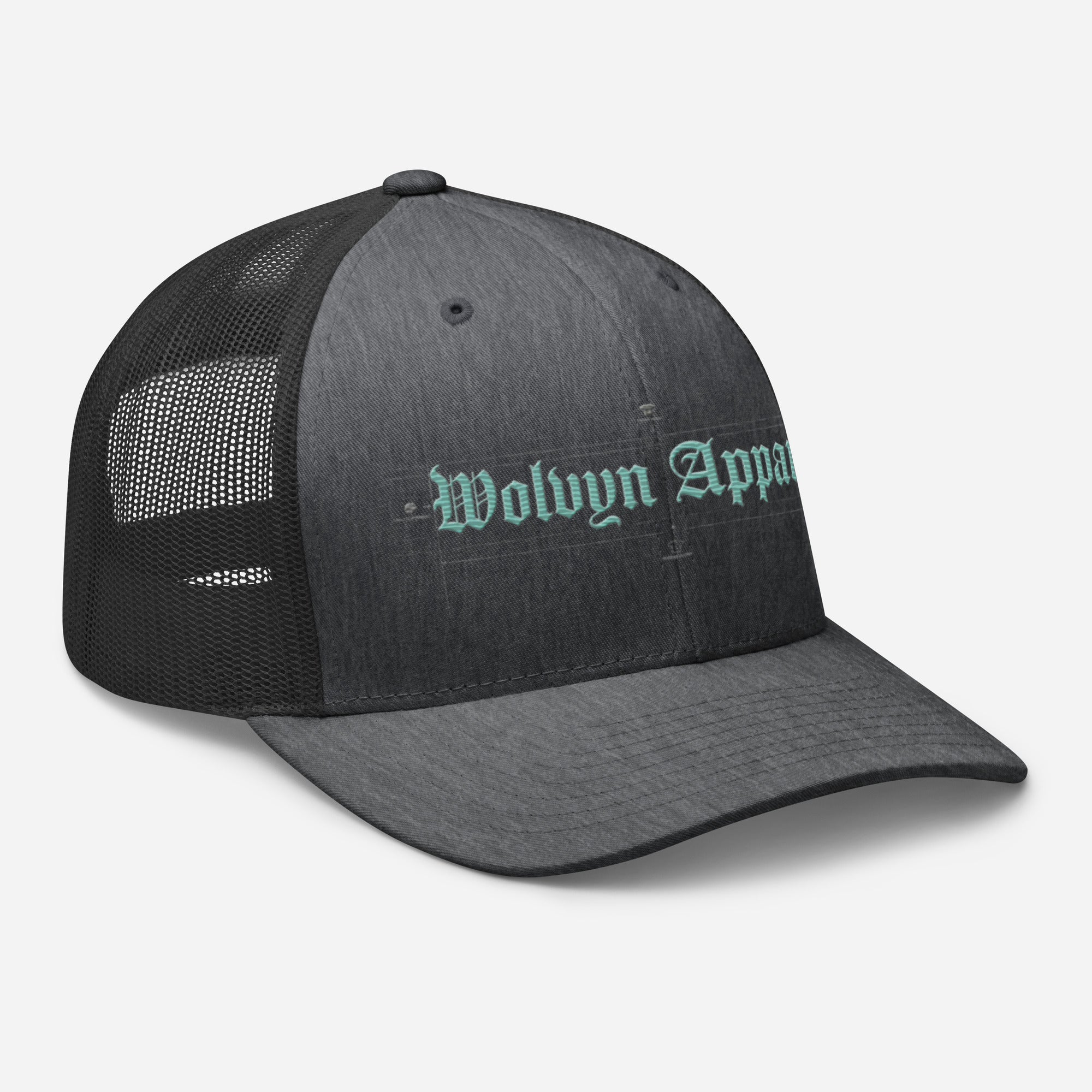 Dark grey mid-profile trucker hat with mesh back and blue embroidered gothic text on front panel