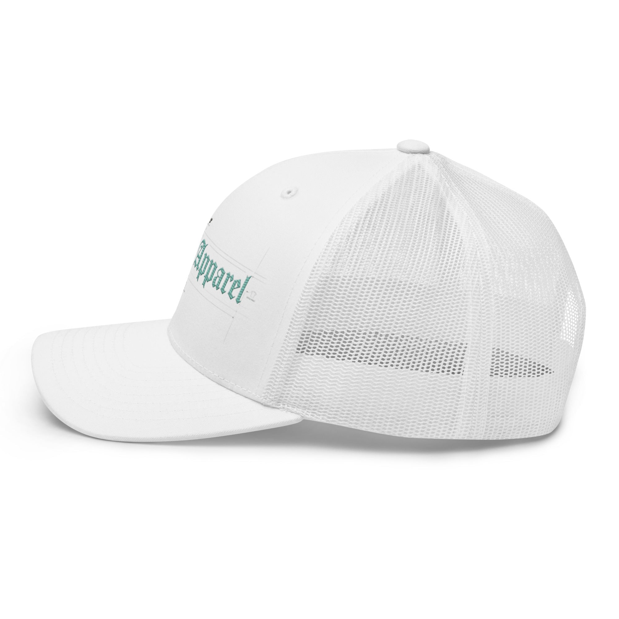 White mid-profile trucker cap with mesh back and teal embroidered text on front panel